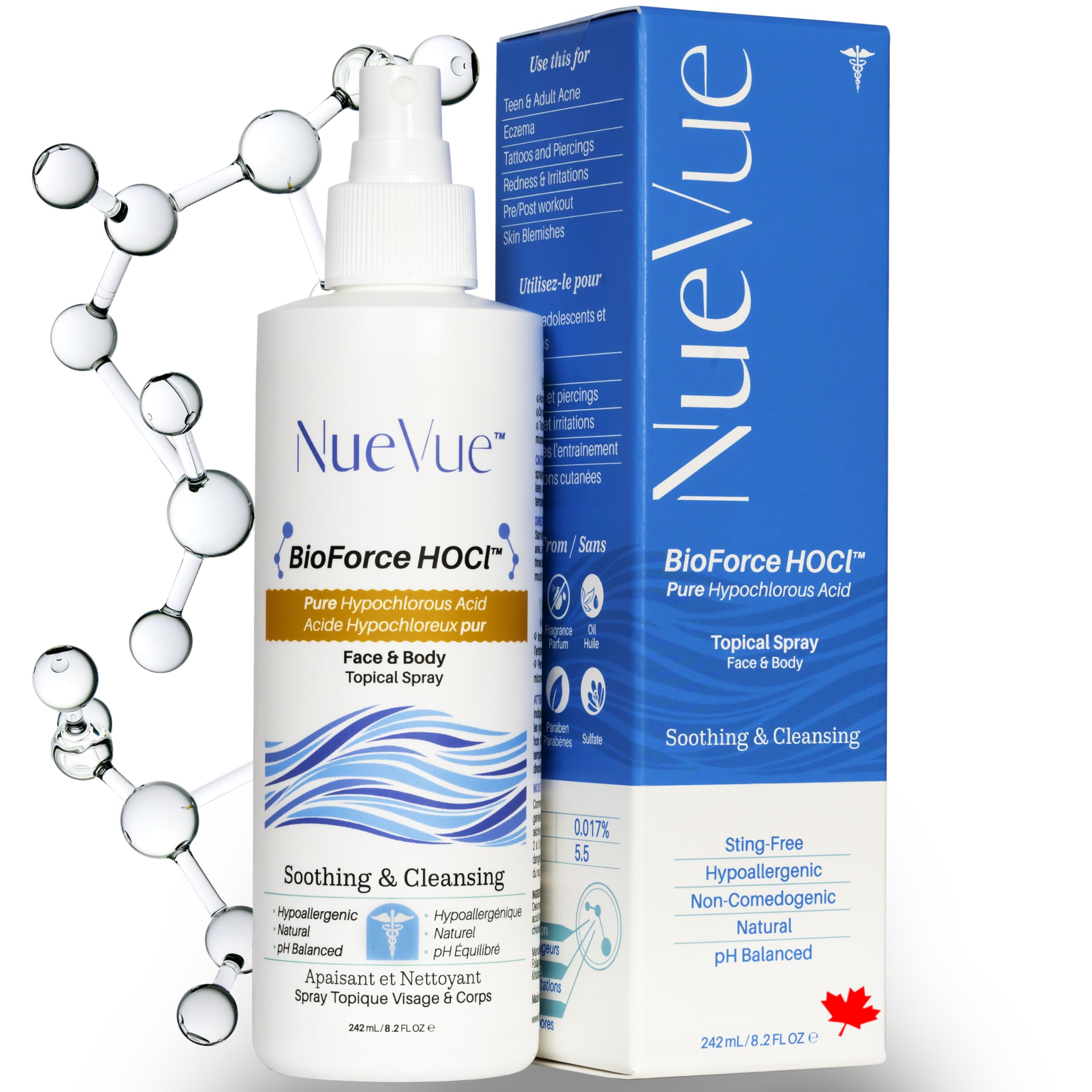 BioForce Pure Hypochlorous Acid Spray for Face & Body - Acne-Prone Skin & Eczema, Piercing aftercare, Made in Canada, Gentle Skin Cleanser & Toner, pH Balanced, Non-comedogenic (8.2 oz) (242 mL)