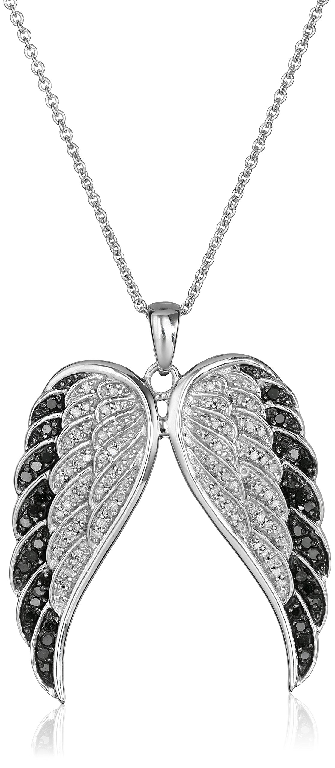 Amazon EssentialsSterling Silver Black and White Diamond Angel Wings Pendant Necklace (1/2 cttw), 18" (previously Amazon Collection)