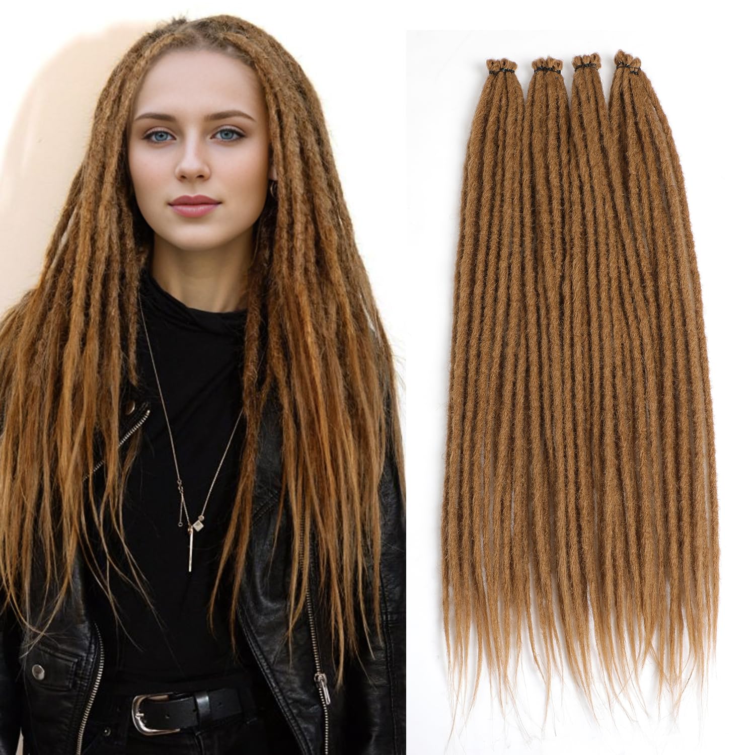 Dreadlock Extensions 24 inch Blond Synthetic Crochet Hair Fake Dreads Extensions Handmade Single Ended Dreads Thin Reggae Style Dreadlock for Women 20 Strands