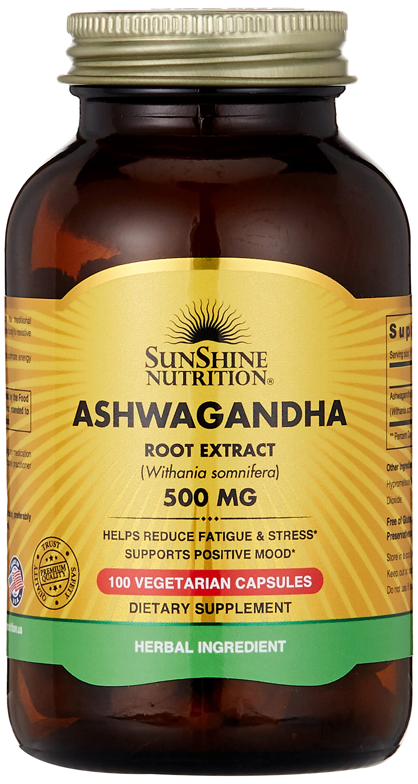 Sunshine Nutrition Ashwagandha Root Extract, 500 Mg 100 Capsules | Helps Reduce Fatigue & Stress | Herbal Supplement