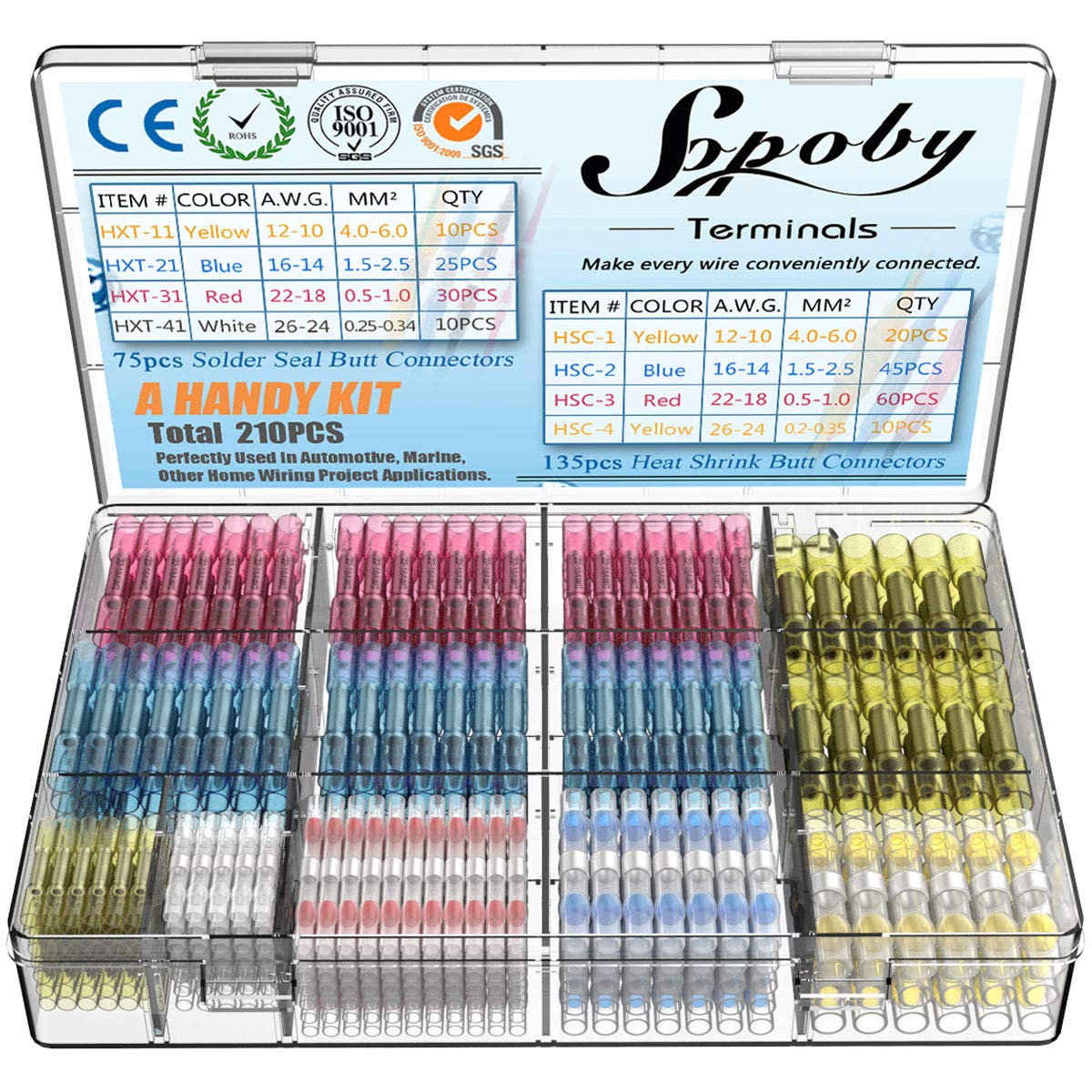 210pcs Heat Shrink Butt Crimp Connectors Mixed with Solder Seal Wire Connectors, Heat Shrink Connectors Electrical Connectors Waterproof Assorted Wire Terminal Kit, 26-10GA