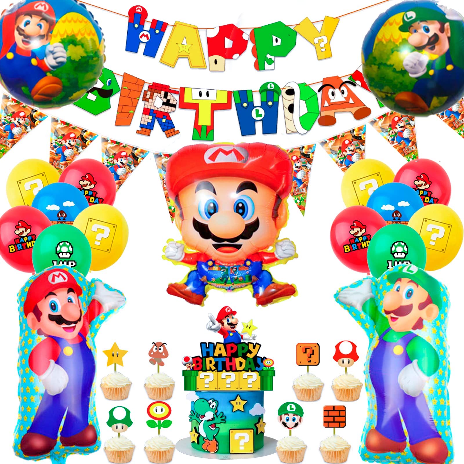 Fruitful Party Mario Birthday Supplies, 44pcs All in One Mario Decorations Set - Super Mario Bros Balloons, Super Mario Birthday Banner Cake Toppers etc Mario Themed Birthday Decorations for Boys Kids