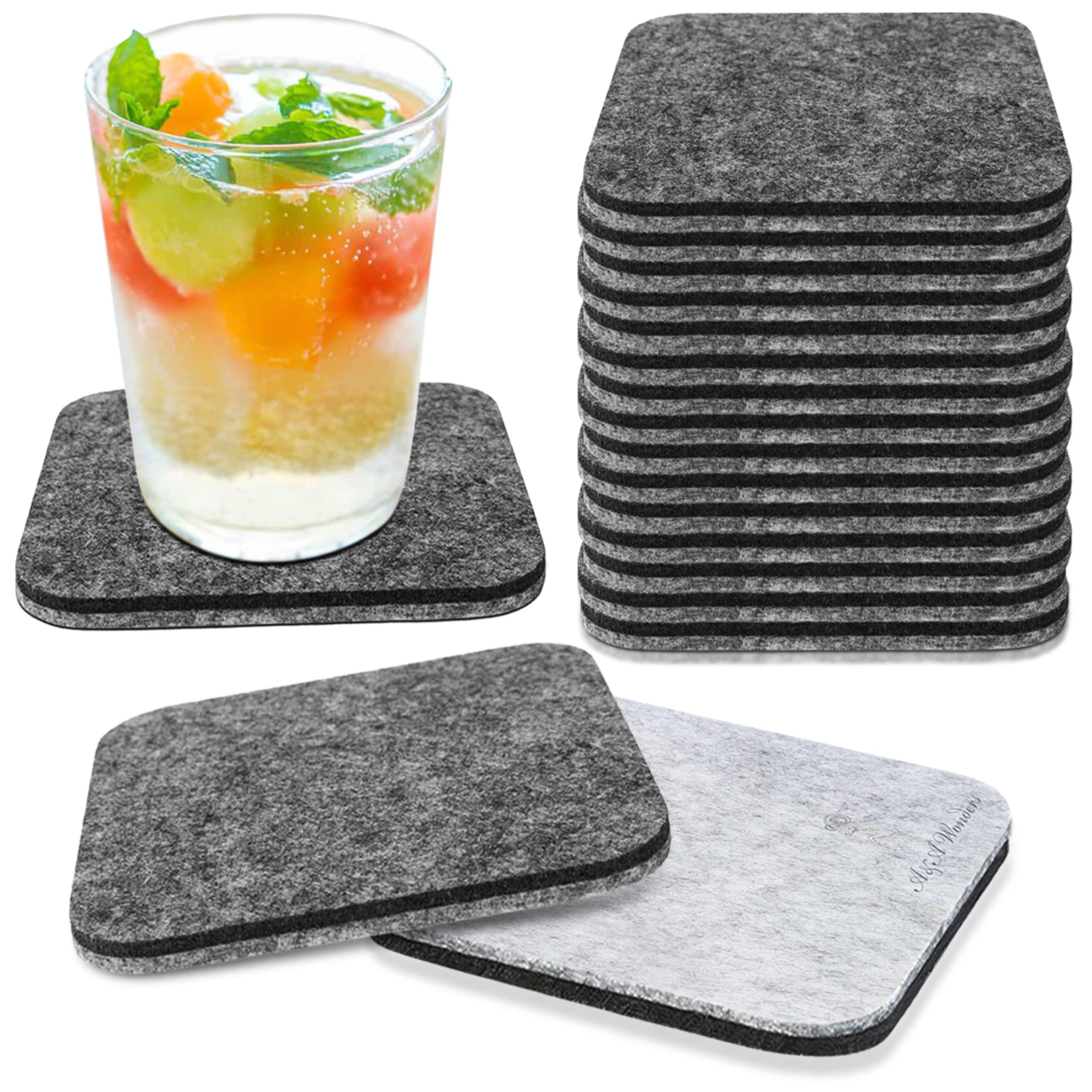 Absorbent Premium Felt Coasters Set of 18 for Drink, Absorbent Felt Protects Furniture, Table, Anti Slip, Suitable for Drinks & All Table Types (Light Gray/Dark Gray, Square 18 Pack)