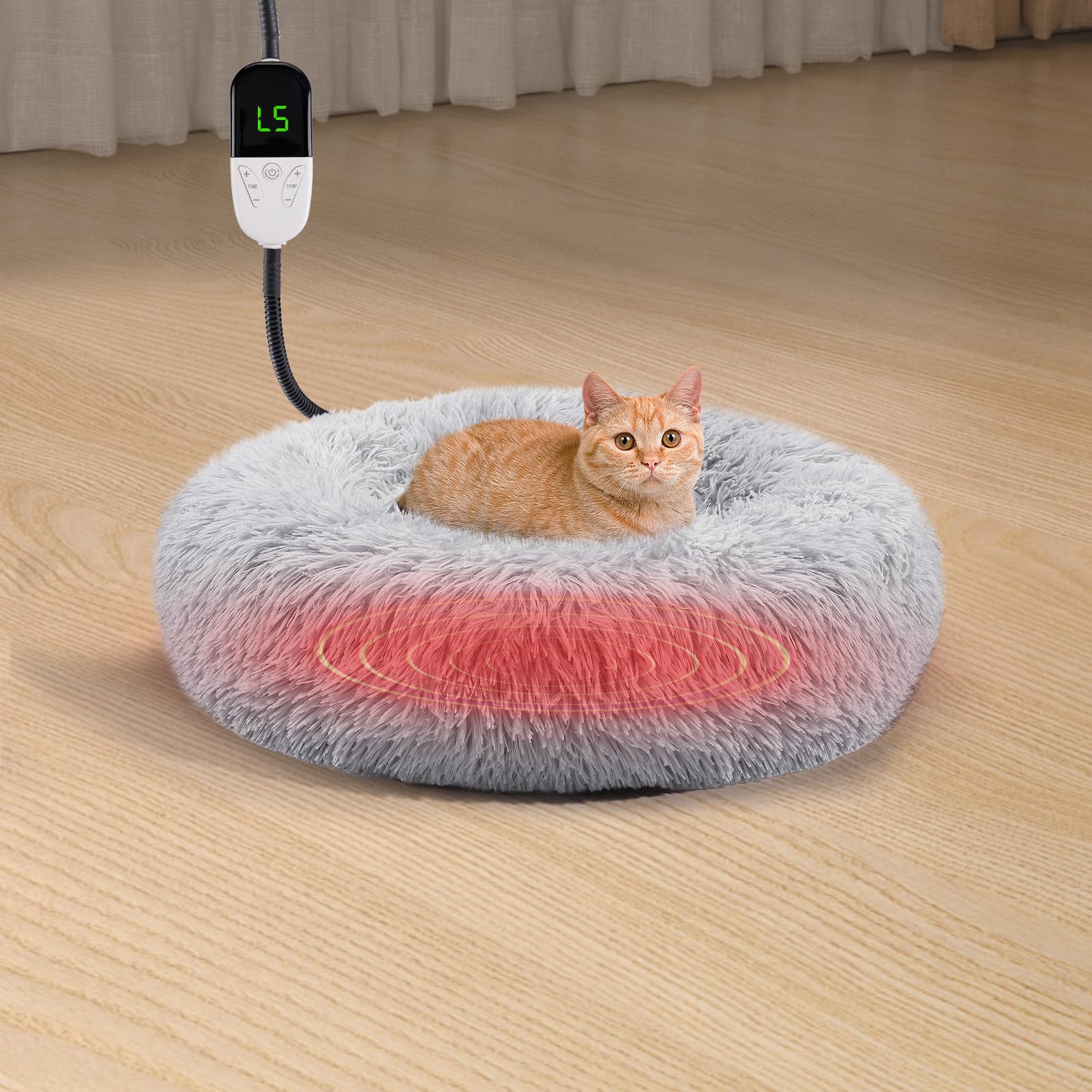 MEWTOGO19.6in Heated Cat Bed for Indoor Cats - Soft Cozy Washable Cat Warming Bed with Cat Heating Pad, 6 Levels Adjustable Timer & Temp for Pets Up to 15lb Winter Resting and Cat Gifts