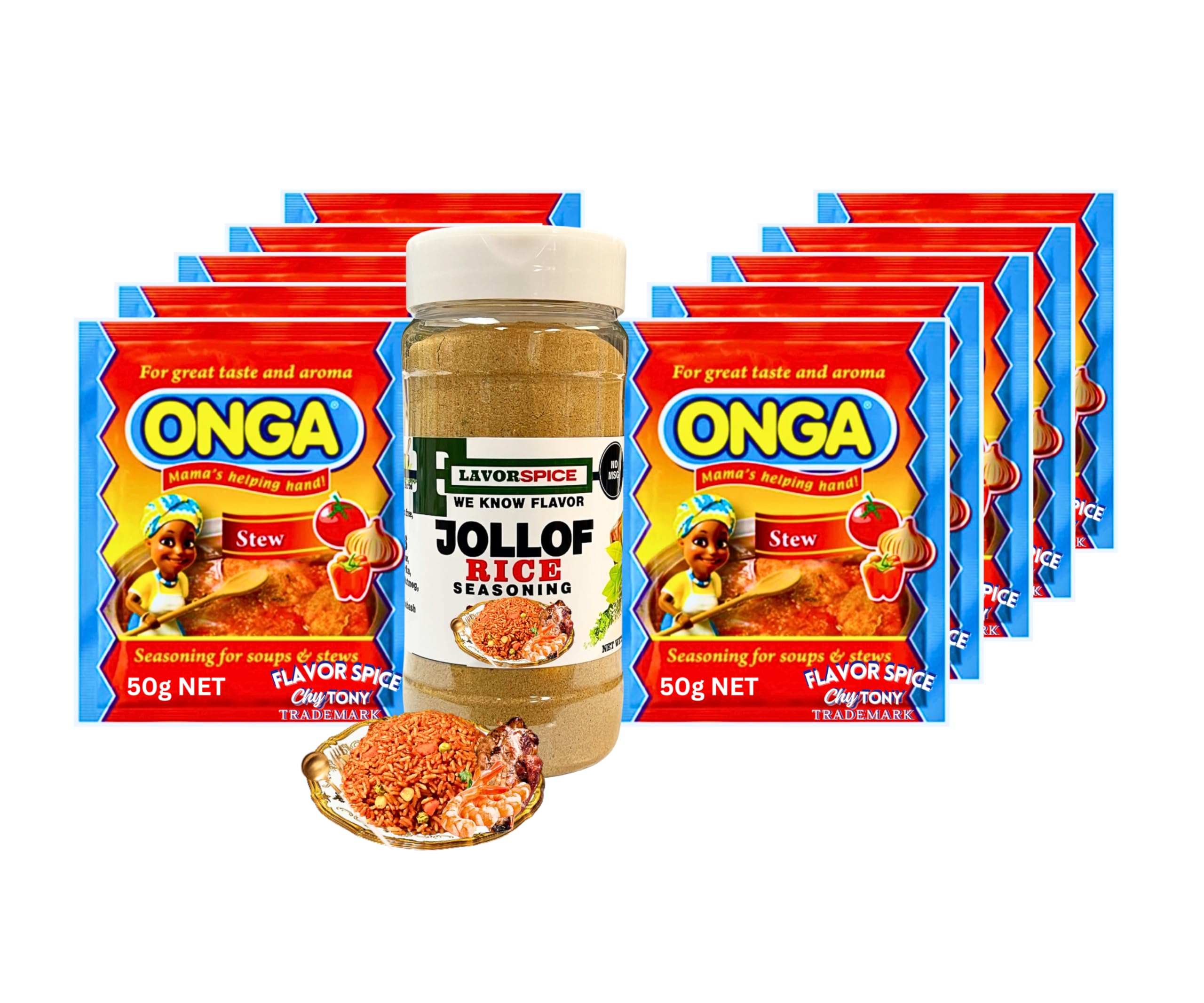 Onga Stew Seasoning 50g (10, 1 PACK (LARGE SIZE) | With Jollof Rice Seasoning crafted with 100% Natural Herbs and Spices with No Additives 3.8oz (1 Pack) | COMBO PACK