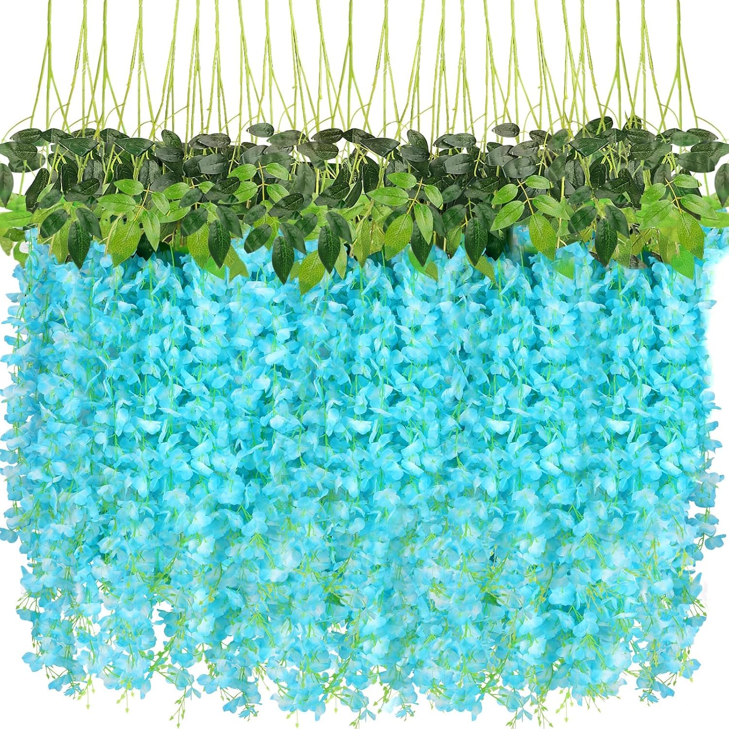 CEWOR 24pcs Wisteria Hanging Flowers 3.7 Ft Artificial Vine Fake Garland Silk String for Wedding Party Garden Outdoor Greenery Home Wall Decoration (Blue)