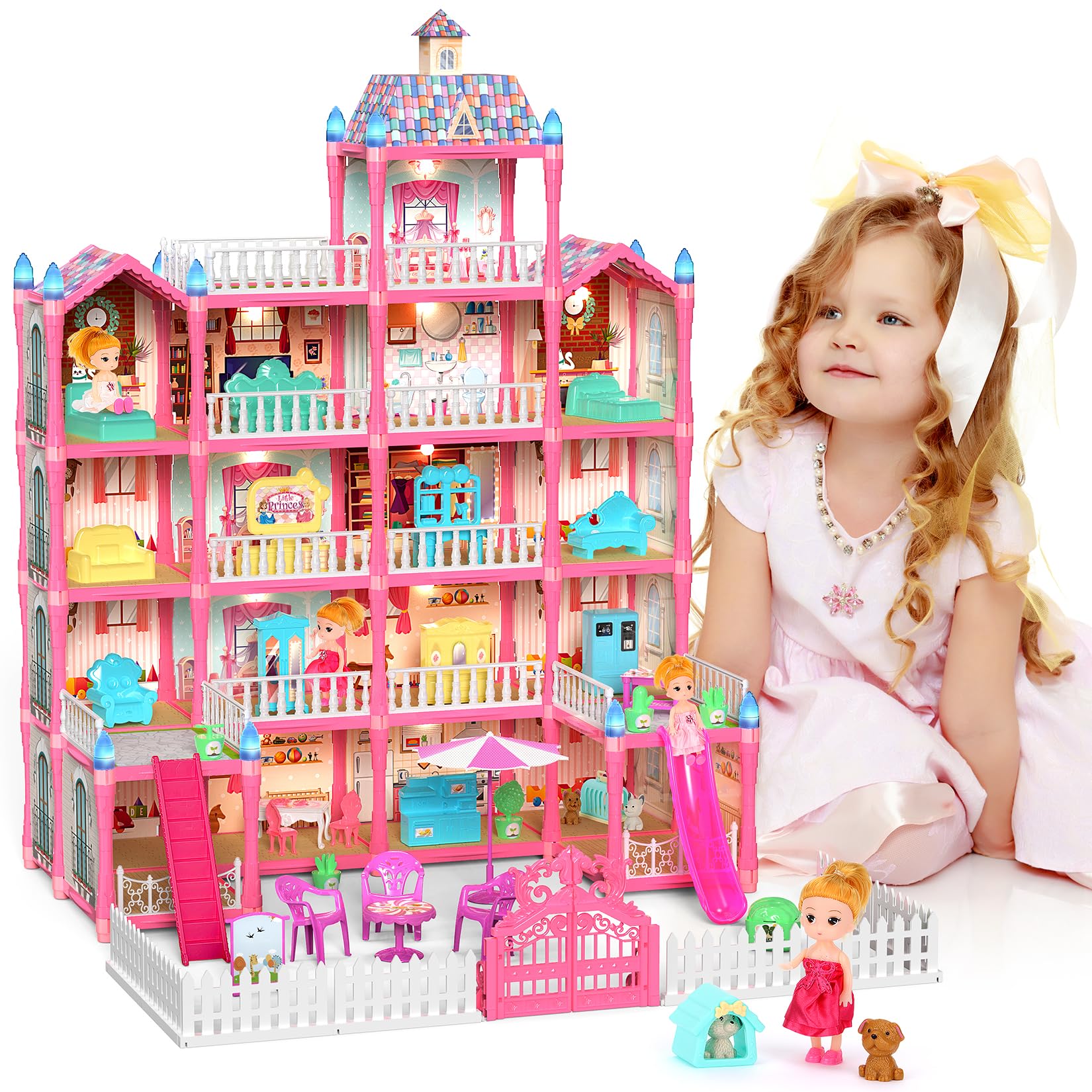 Dolls House for Girls, Mastom Dolls Huge Houses with 4 Dolls Toy Figures, Furniture and Accessories, LED Light, 5 Stories 19 Rooms Plays House Toy Gifts for Girls Ages 3 4 5 6 7 8+