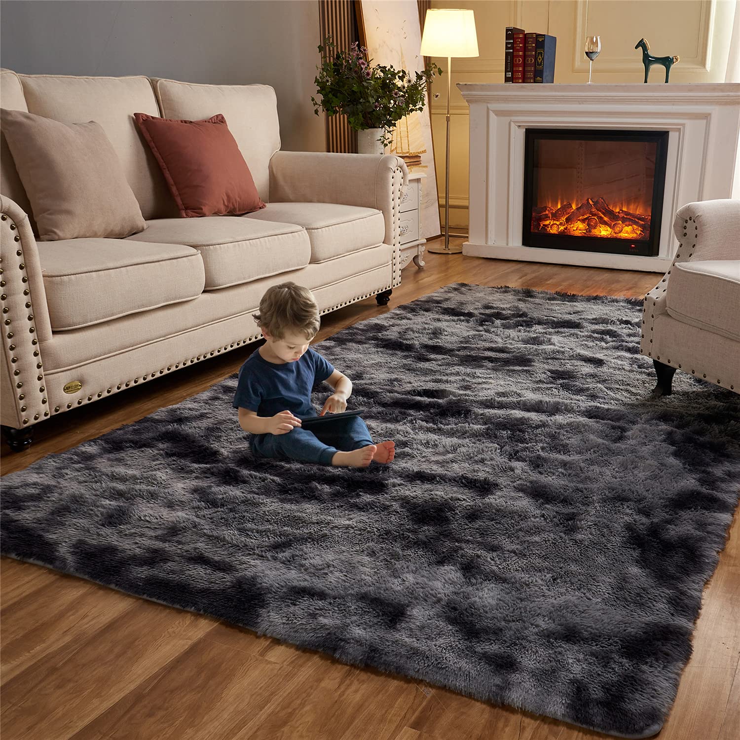 Arbosofe Fluffy Soft Area Rugs for Bedroom Living Room, Black&Gray Shaggy Rugs 4 x 6 Feet, Carpet for Kids Room, Throw Rug for Nursery Room, Fuzzy Plush Rug for Dorm, Cute Room Decor for Baby