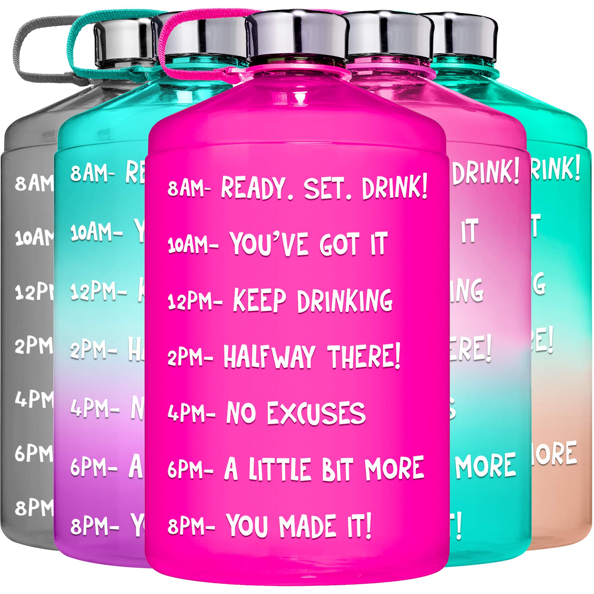 HydroMATE Half Gallon 64 oz Motivational Water Bottle with Time Marker Large BPA Free Jug with Handle Reusable Leak Proof Bottle Times Marked to Drink More Daily Hydro Mate 64oz Half Gallon Pink