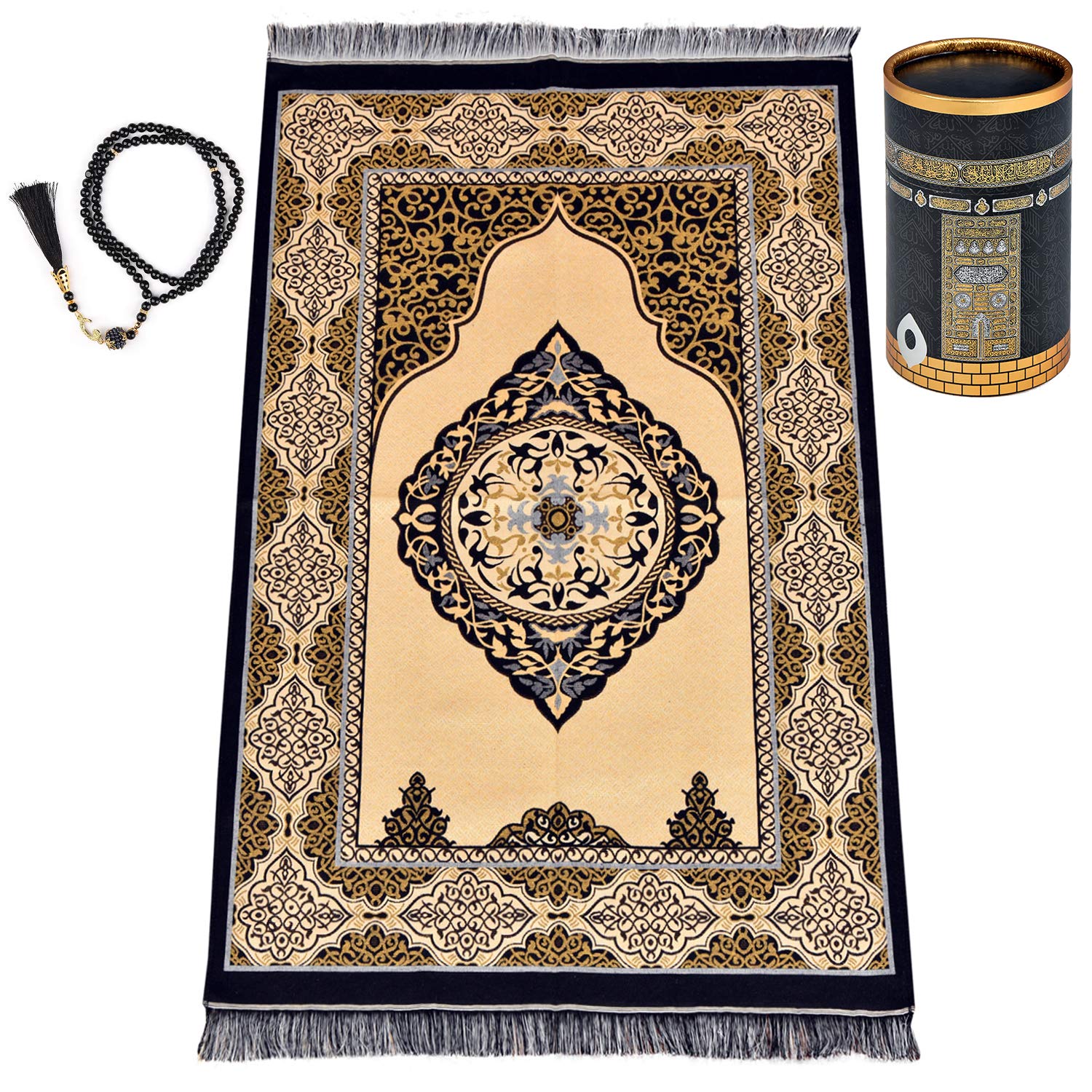 Muslim Prayer Rug in Kaaba Design Gift Box - Double Sided Prayer Mat Muslim for Men and Women - Perfect Ramadan Gifts - Special Turkish Design Portable Prayer Mat and Prayer Beads 99 (KaabaBox)