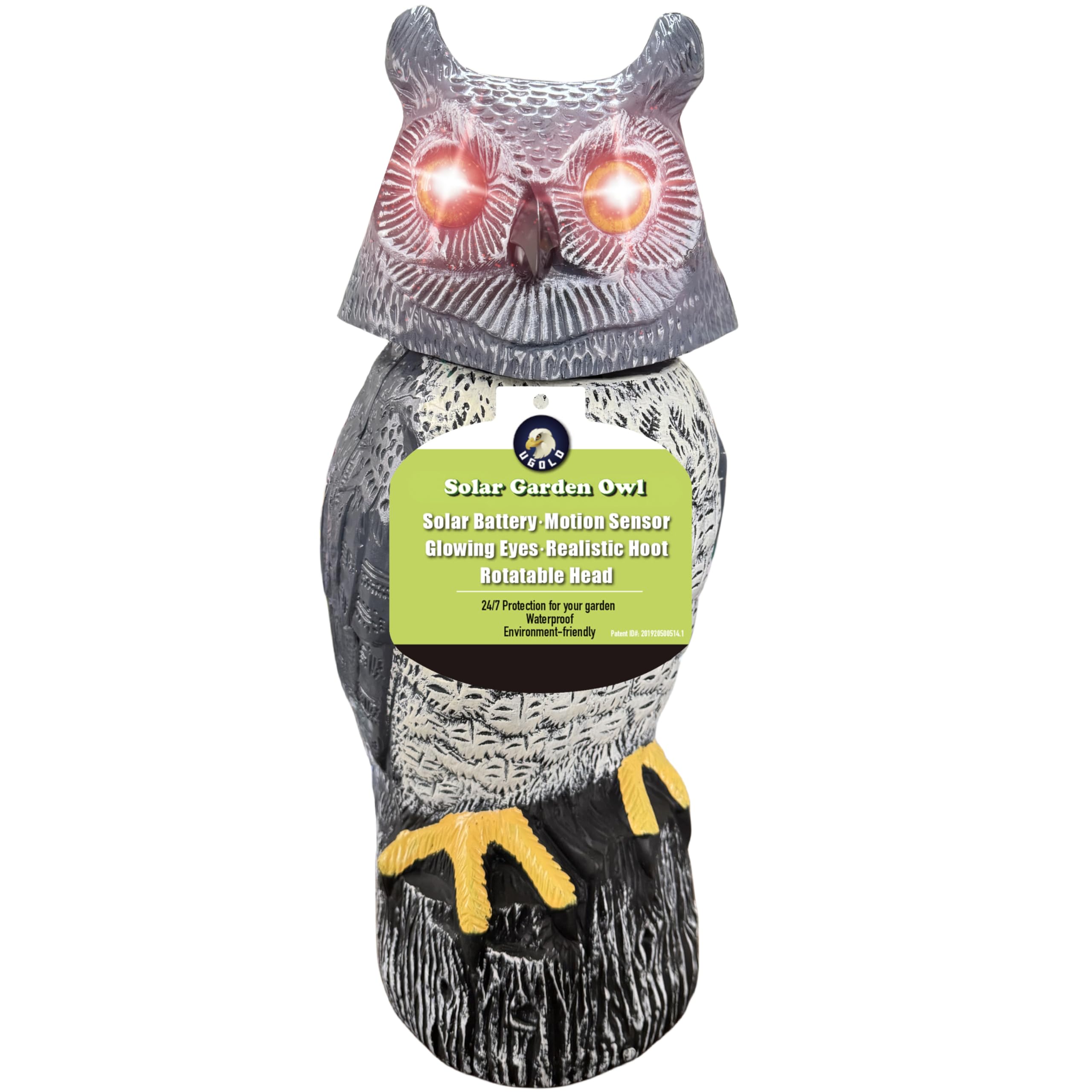 Solar Powered Garden Owl with Detection, Gradient Colored Light, Rotating Head, Realistic Hoots and Silent Mode, Garden Sculpture, Plastic Owl Decoration for Home, Garden, Patio and Lawn