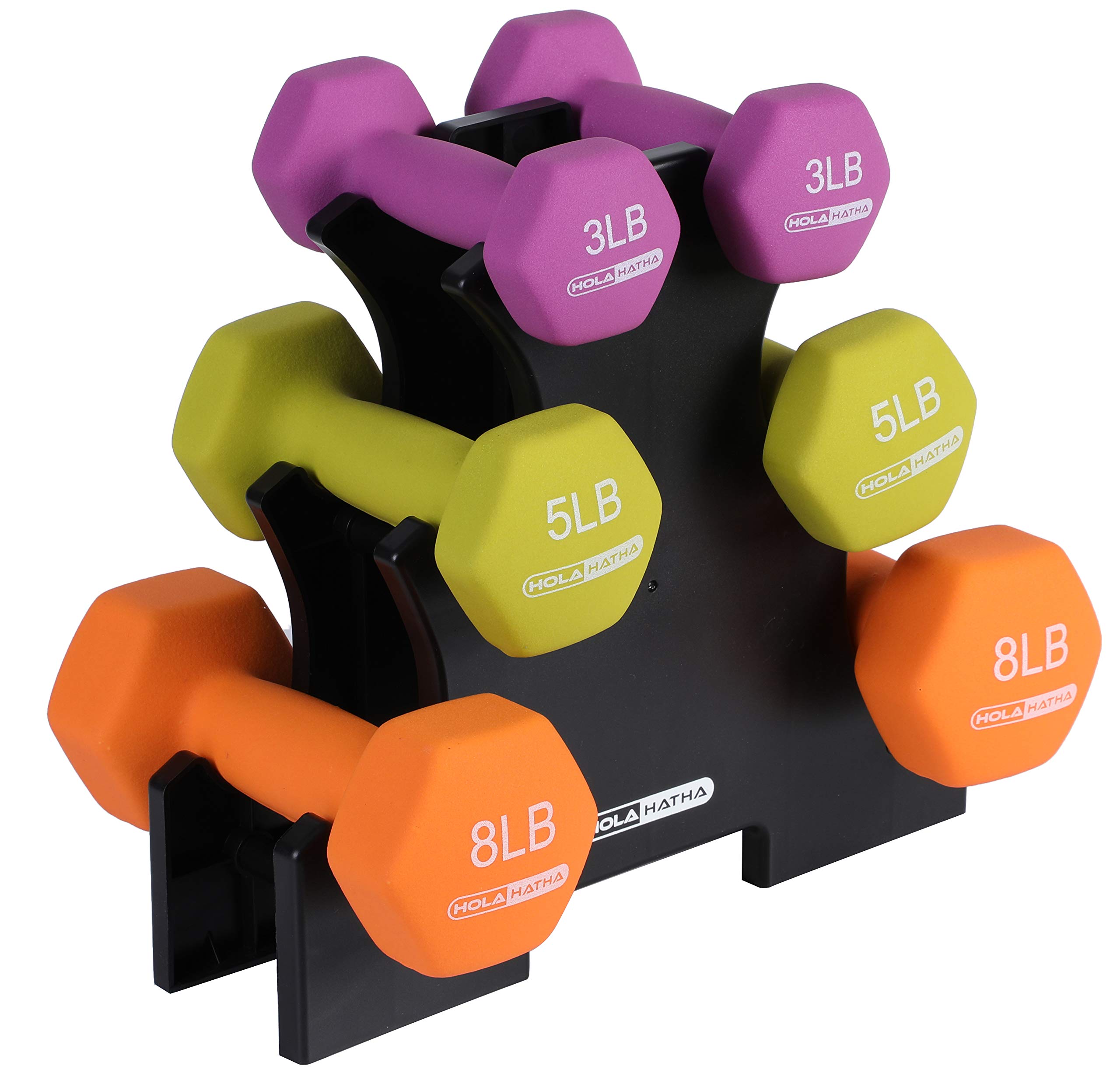 HolaHatha 3Lb, 5Lb & 8Lb Hex Dumbbell Set with Rack Stand, Ideal Strength Weight Training for Ladies, Women’s Weights Perfect Home Workout Gym Exercises for Muscle Toning Fitness