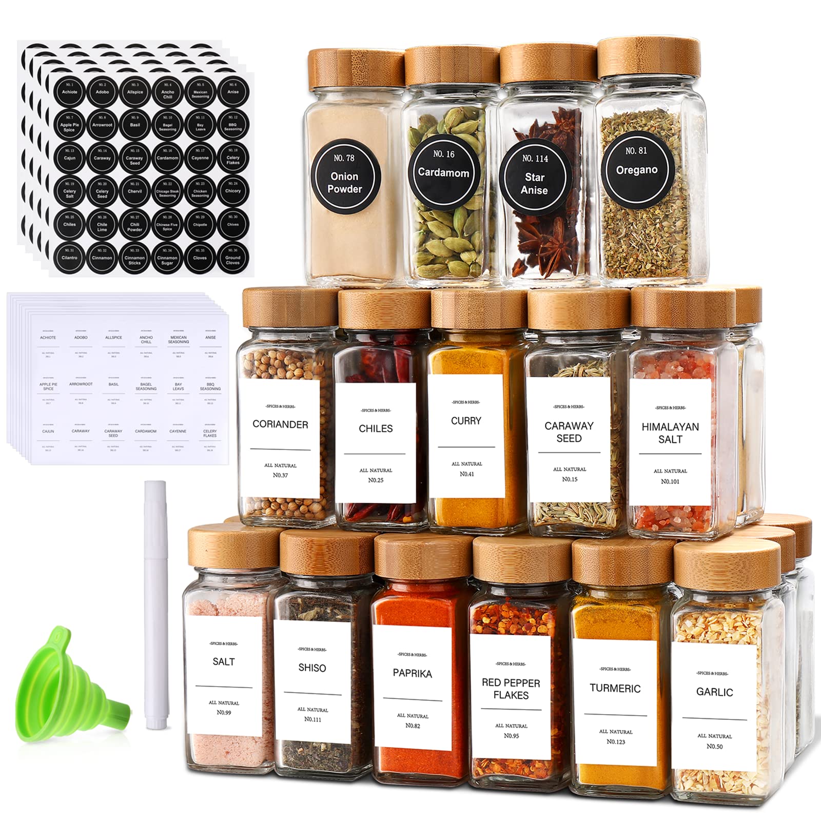 Spice Jars,Spice Jars with Label 24Pcs,Seasoning Containers,Glass Spice Jars with Bamboo Lids,Kitchen Essentials,Spices Container Set,Kitchen Set,Seasoning Organizer,Spice Rack Organizer for Cabinet