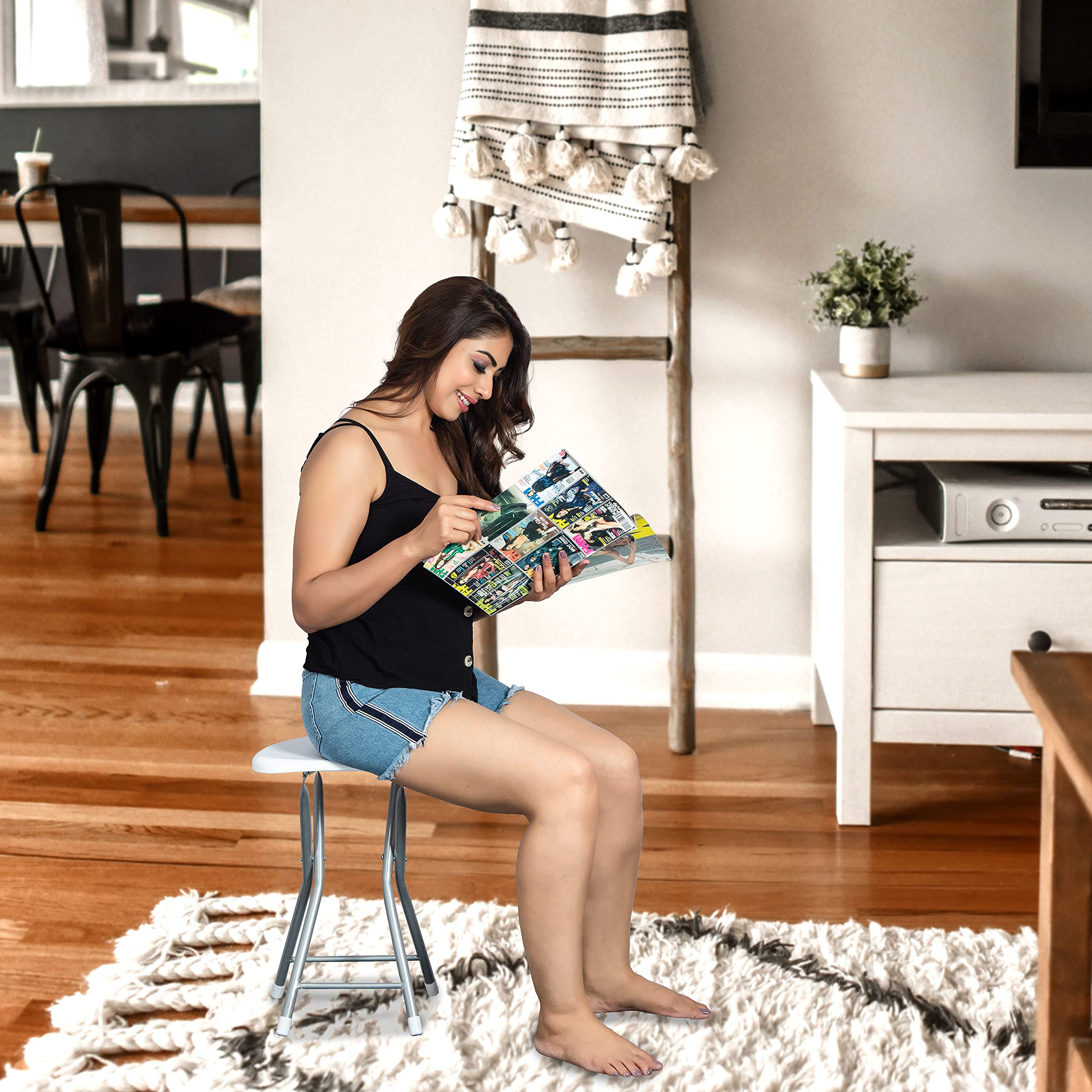 PARASNATH White Colour Folding Portable Stool Metal Stool with Plastic Seat for Office, Garden and Home - Made in India