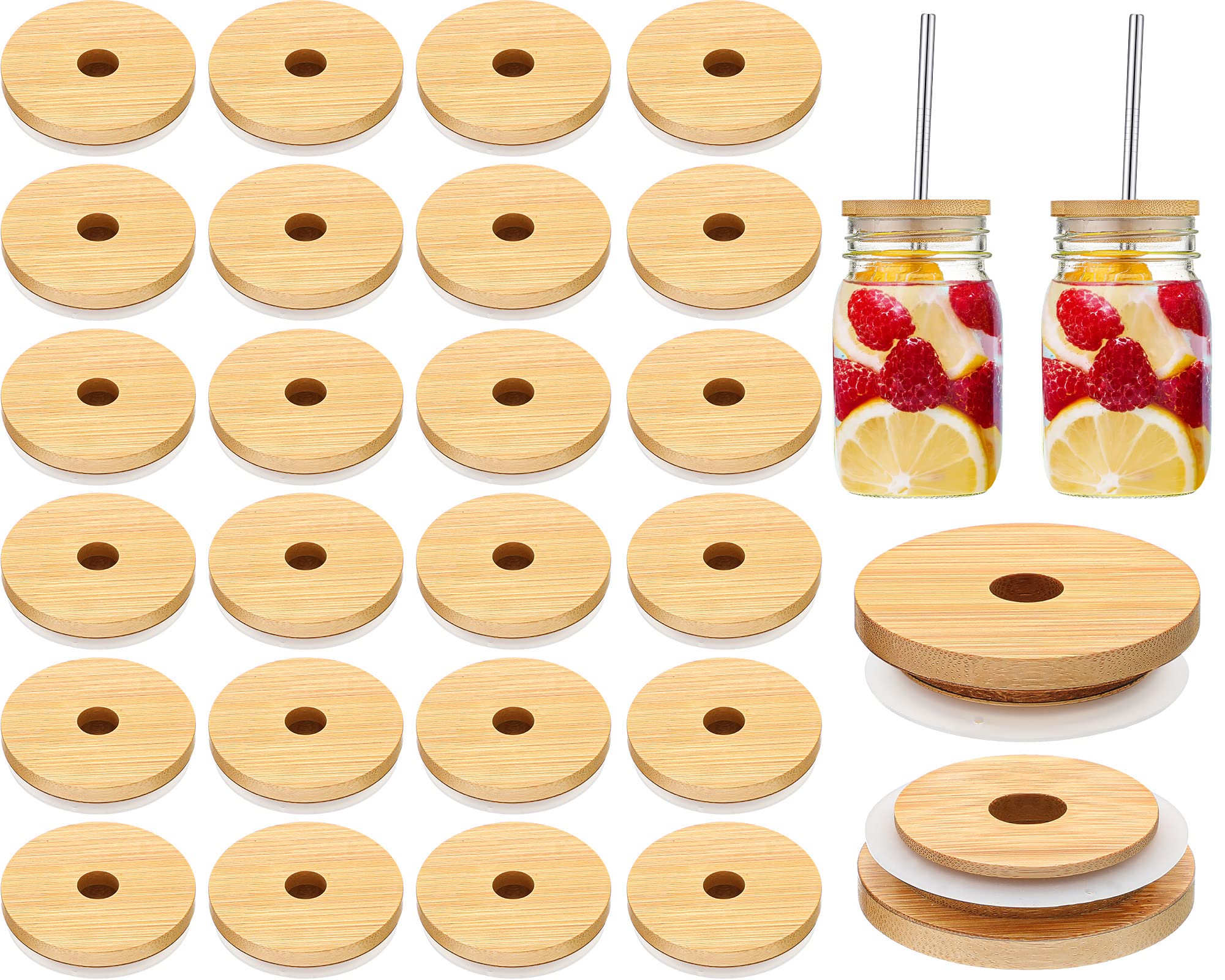 40 Pieces 70mm Bamboo Jar Lids Bulk with Straw Hole for Glass Cups Reusable Wooden Mason Jar Lids for Beer Can Cups, 2.76 Inch Lids with Silicone Ring for Regular Mouth Drinking Jars