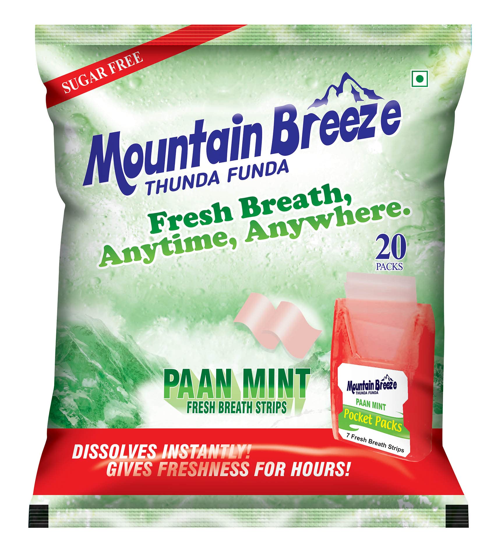 Mountain Breeze Sugar-Free Paanmint Fresh Breath Strips (7 Strips each) Pack of 20 = 140 Strips