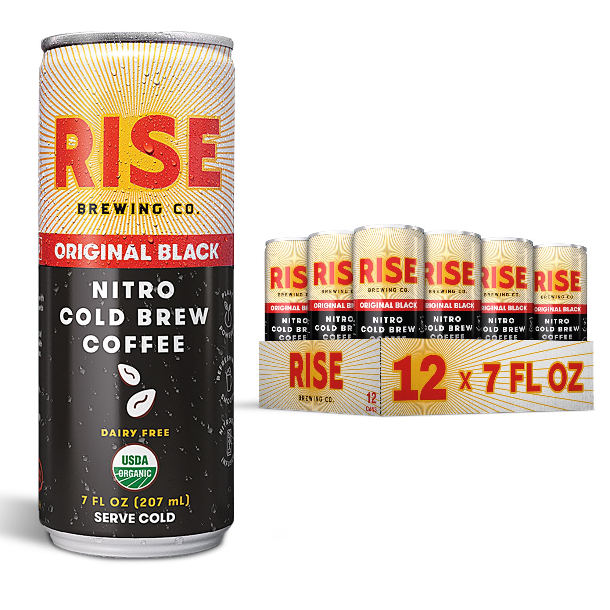 RISE Brewing Co. Original Black Nitro Cold Brew Coffee, No Sugar, Vegan, Organic & Non-GMO, Low Acidity, 7 Fl. oz. Cans (12 Pack)