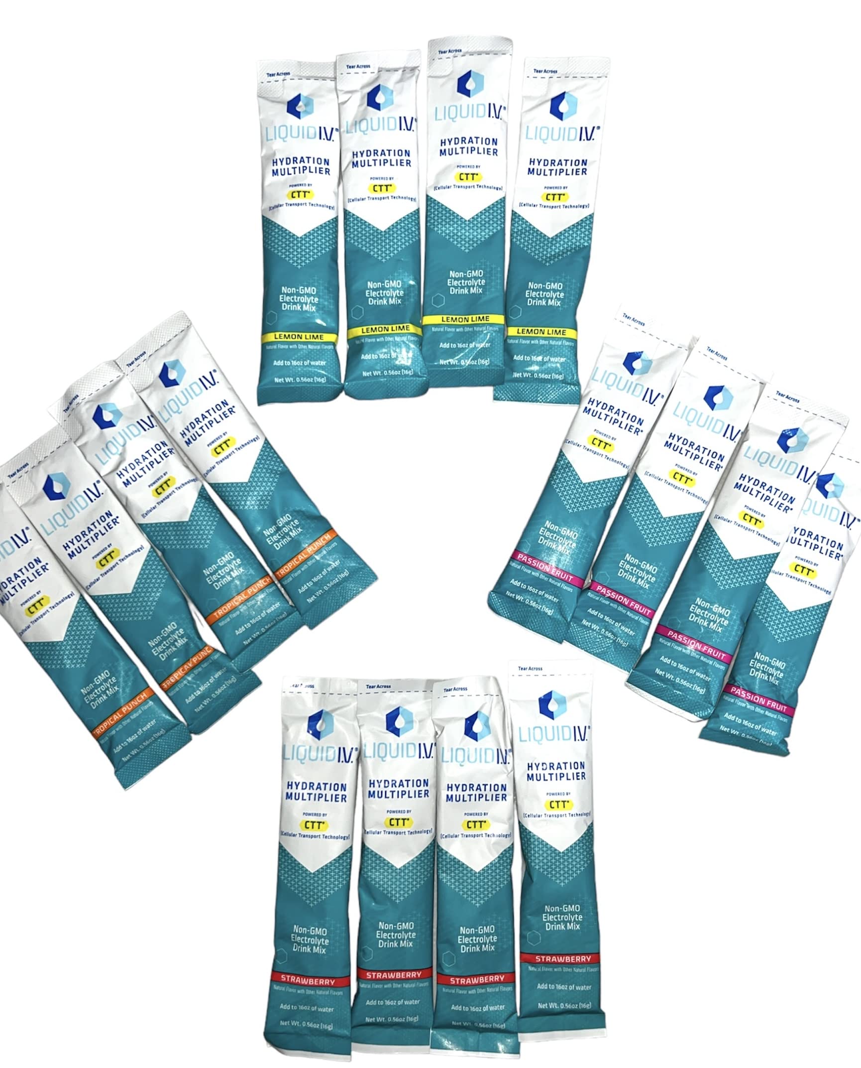 Liquid I.V. Hydration Multiplier Variety Pack - Passion Fruit, Strawberry, Lemon Lime, Tropical Punch, Liquid IV Variety Pack - Hydration Powder Packets | Electrolyte Drink Mix | Easy Open Single-Serving Sticks | Non-GMO | QT Package | Prime Hydration Drink Sticks (4 Count Assortment)