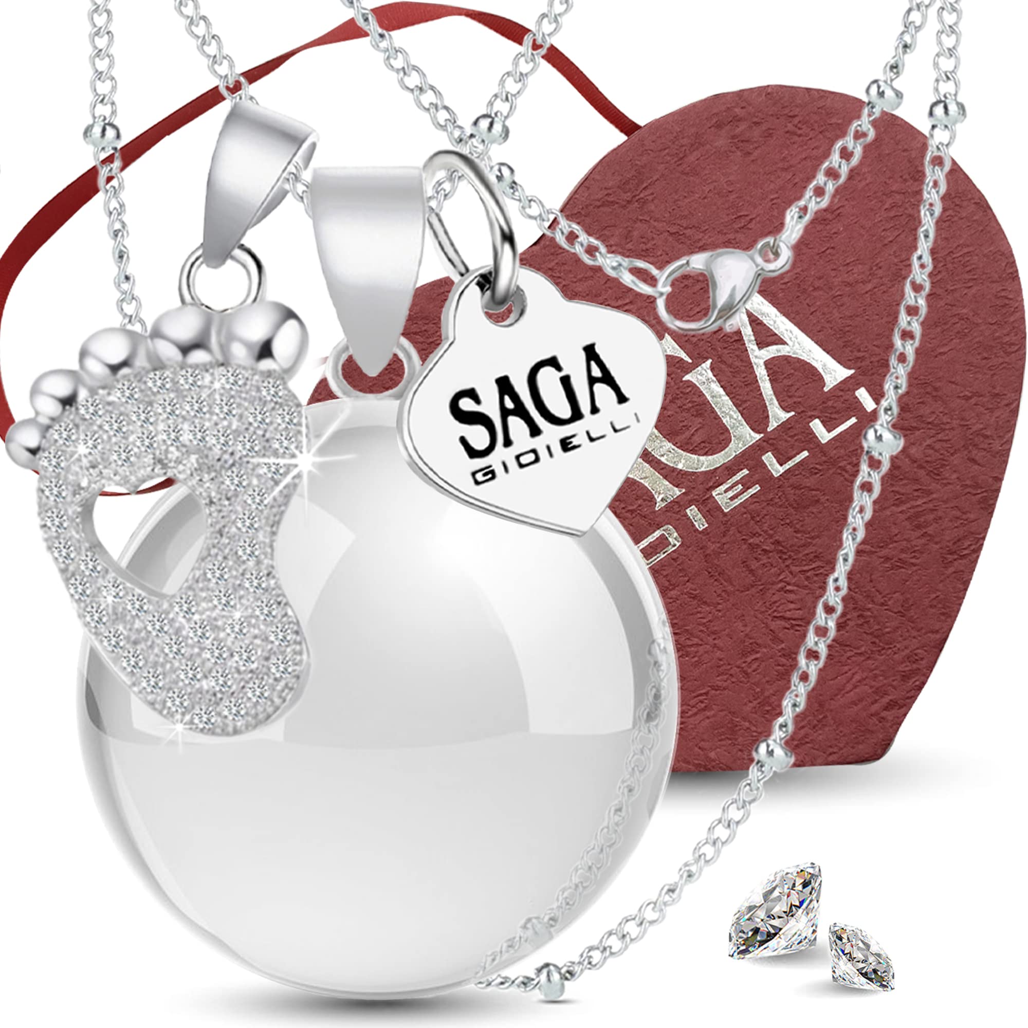 SAGA GIOIELLI Stainless Steel Angels Calling Bola Necklace with Crystals and Foot Pendant