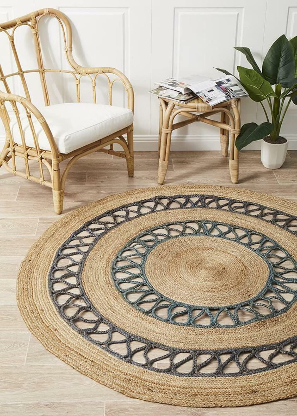 Agro Richer Jute With Designer Border Round Hand Braided Home Decorative Area Rug Living room Area rug Indoor Outdoor (150X150 CM, Design-2)