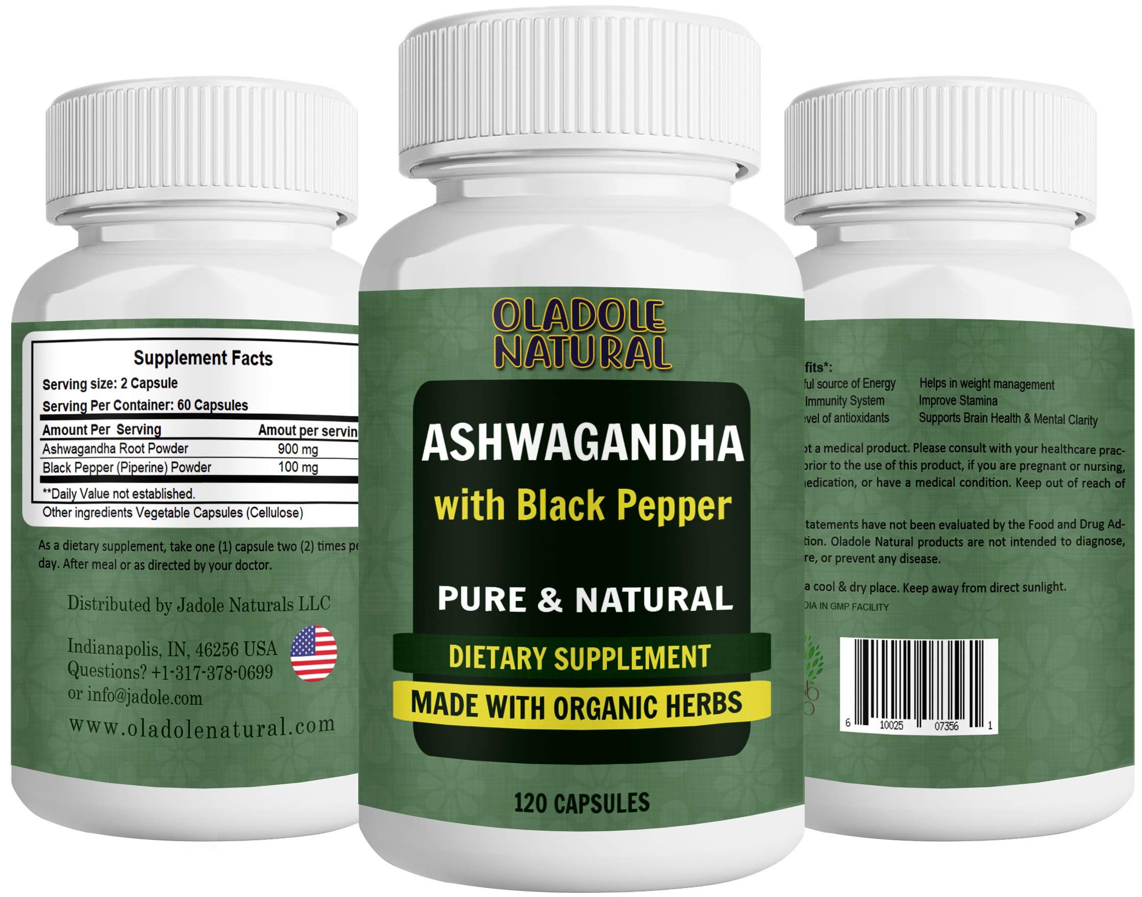 Oladole NaturalAshwagandha Capsules High Potency Root Powder Extract with Black Pepper Best Vegan Stress Relief, Anti-Anxiety, Adrenal, Mood & Thyroid Support 120 Capsules