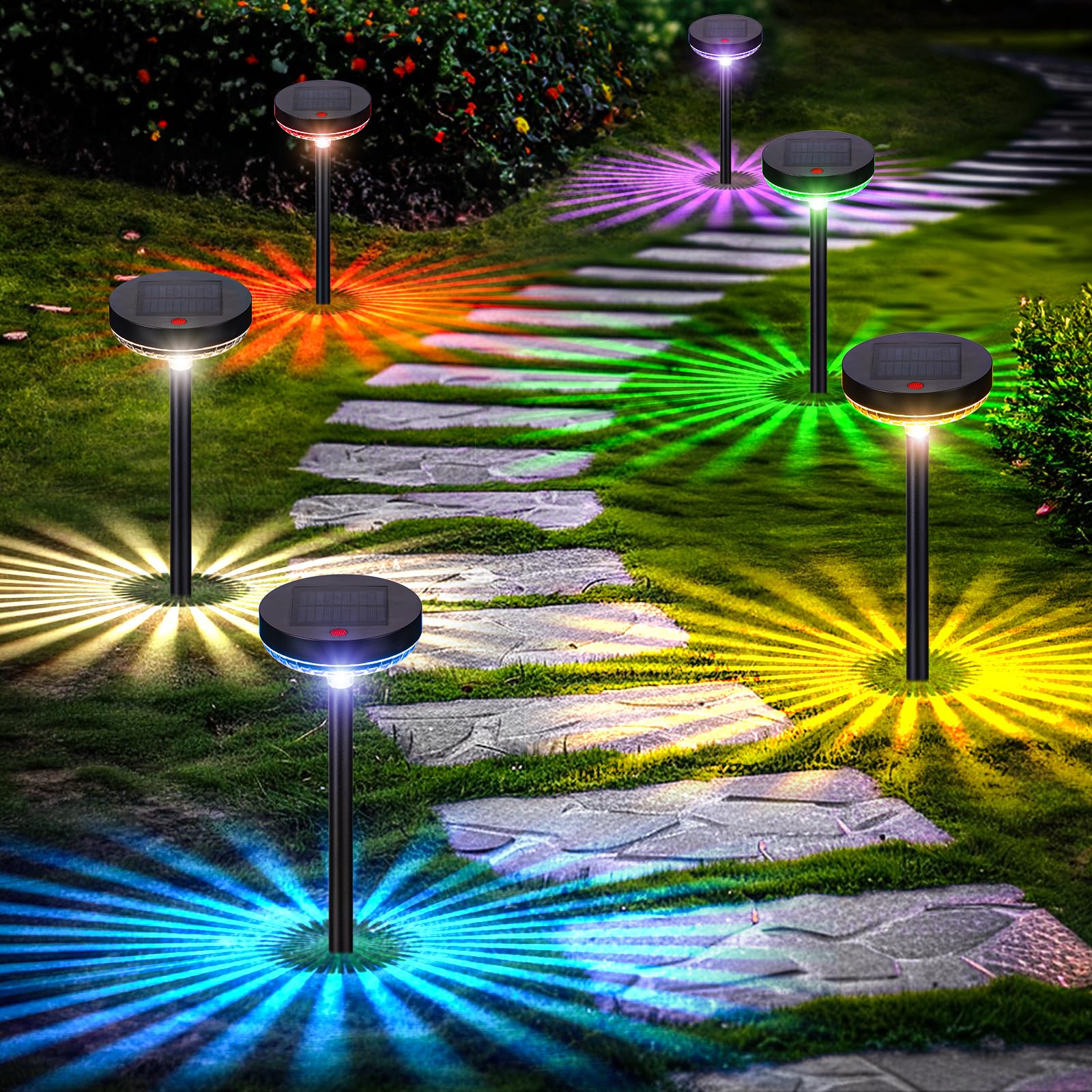 6-Pack Solar Pathway Lights Outdoor, Waterproof LED Outside Garden Lights with RGB Color Changing, Yard Lights Solar Powered Height Adjustable, Exterior Path Lights for Walkway Lawn Landscape Decor