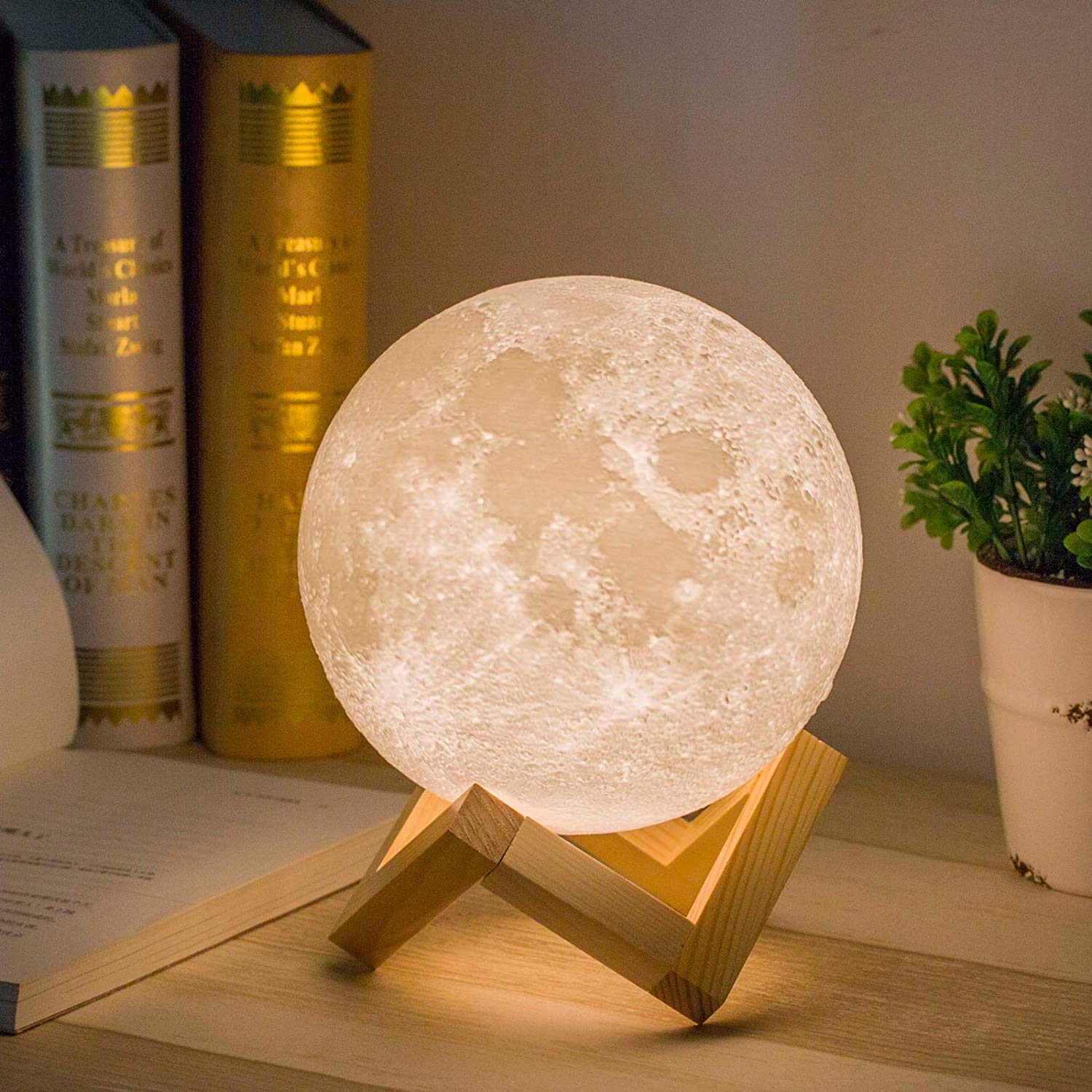 Mydethun (5.9in Moon Light With Wood Base) - Mydethun Moon Lamp Moon Light Night Light for Kids Gift for Women USB Charging and Touch Control Brightness Two Tone Warm and Cool White Lunar Lamp (15cm )