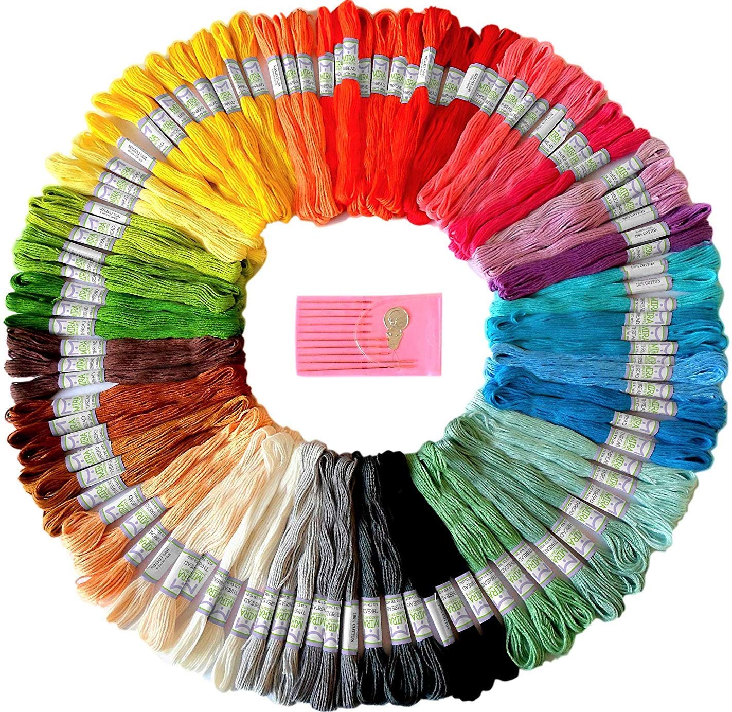 Mira HandCrafts Rainbow Color Embroidery Floss - Cross Stitch Threads - Friendship Bracelets Floss - Crafts Floss - 105 Skeins Per Pack and Set of Embroidery Needles