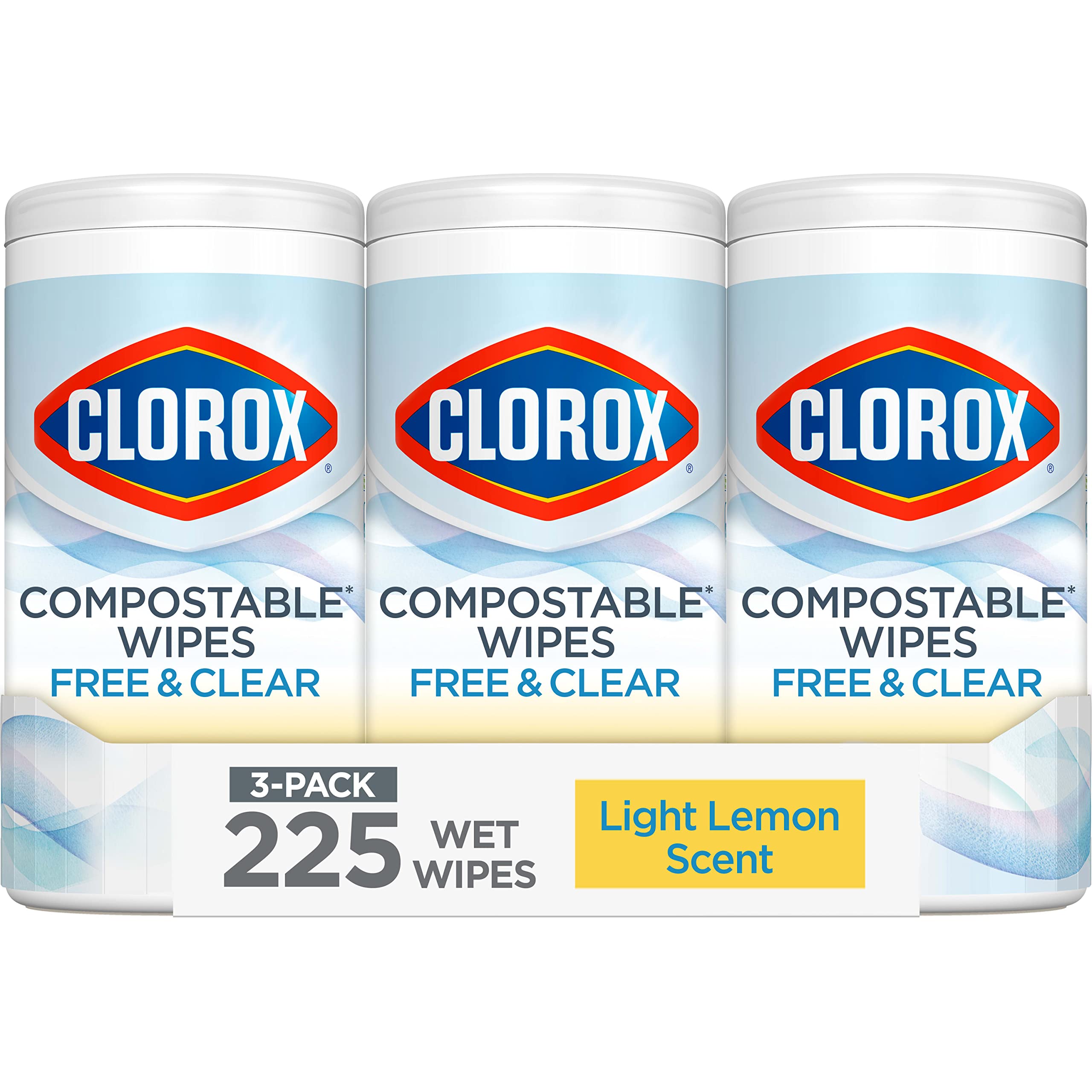 Clorox Free & Clear Compostable Cleaning Wipes, Light Lemon Scent, 75 Count, Pack of 3 (Pack May Vary)