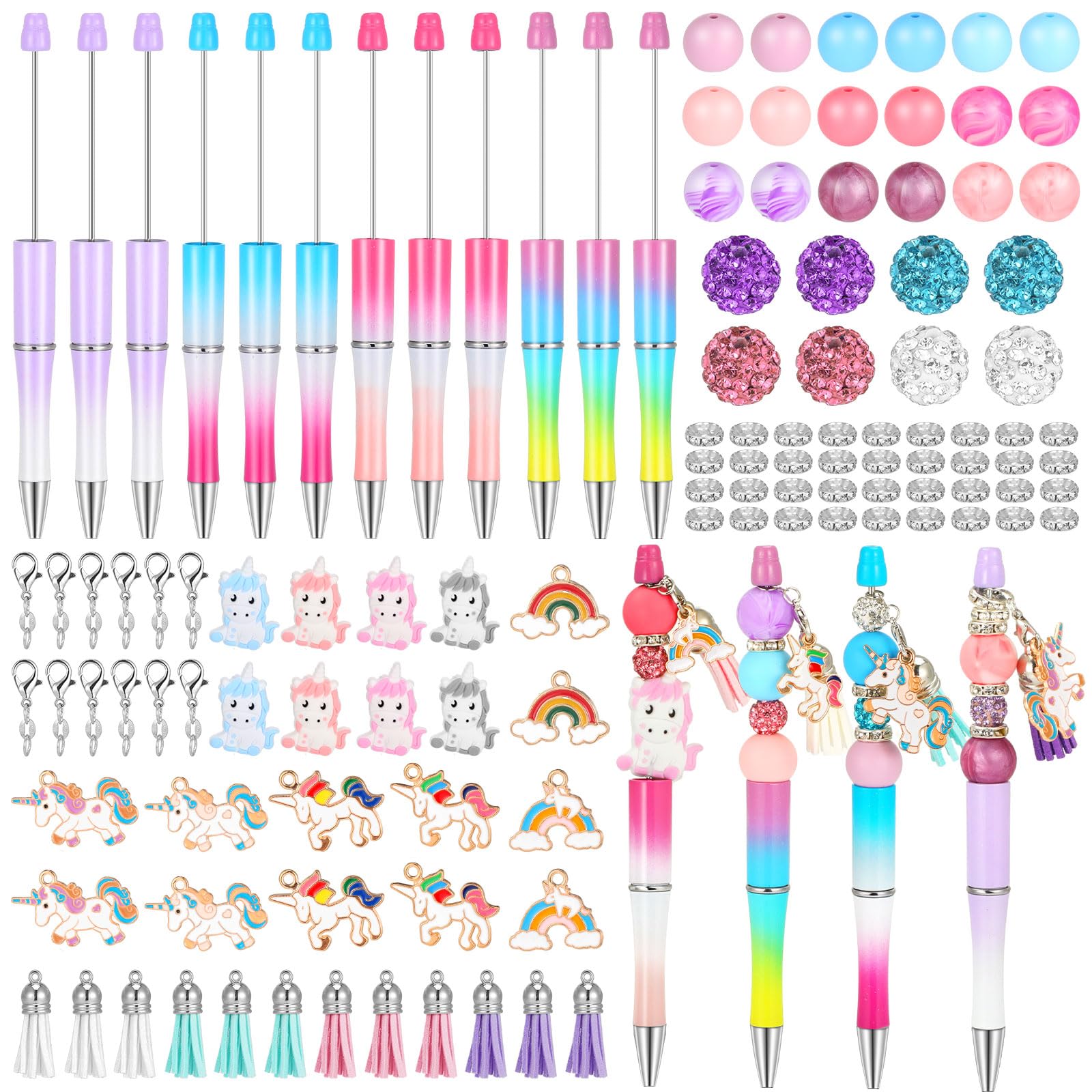 12 Pcs Unicorn Beadable Pens Plastic Ballpoint Pen Bulk Assorted Silicone DIY Bead Pens with 30 Beads 12 Unicorn Beads 24 Spacer Beads 12 Tassels 12 Clips Black Ink for Office Home School Women Gifts