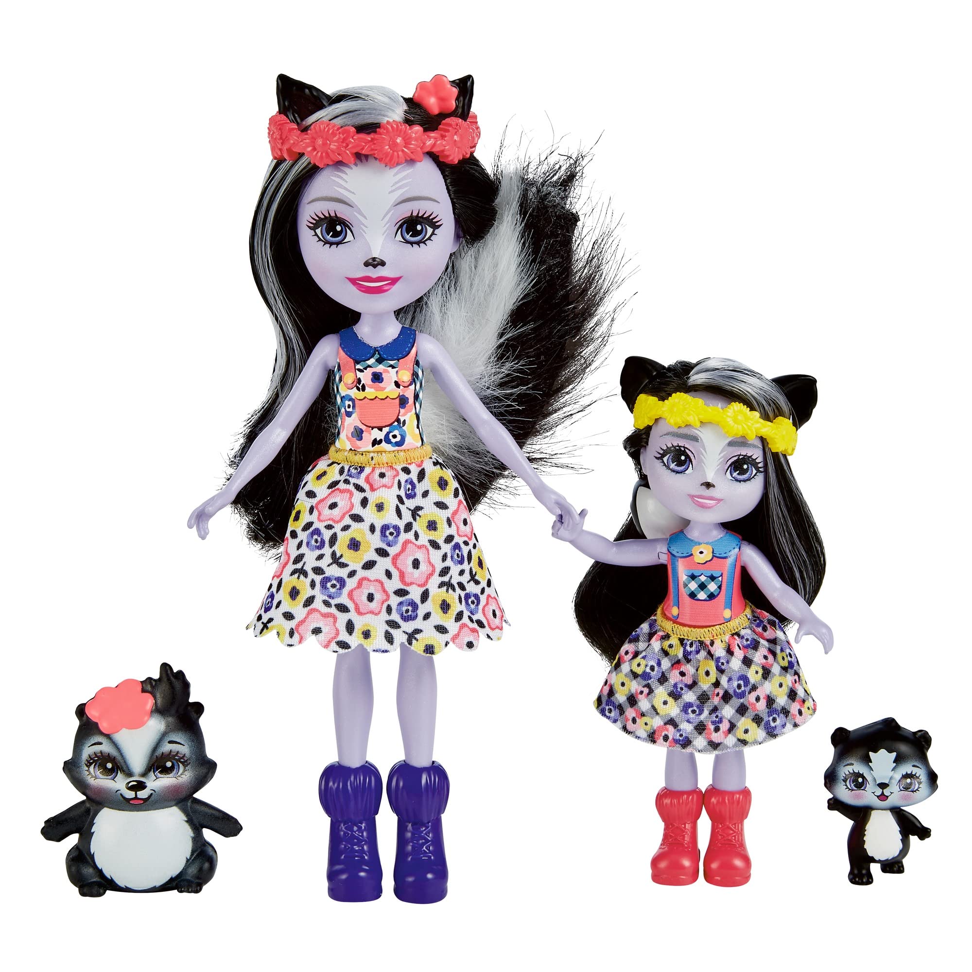 EnchantimalsHCF82 - Sage Skunk and Little Sister (approx. 15 cm and approx. 4 cm) and 2 Animal Figures, Removable Skirt and Accessories, Great Gift for Children from 3 Years