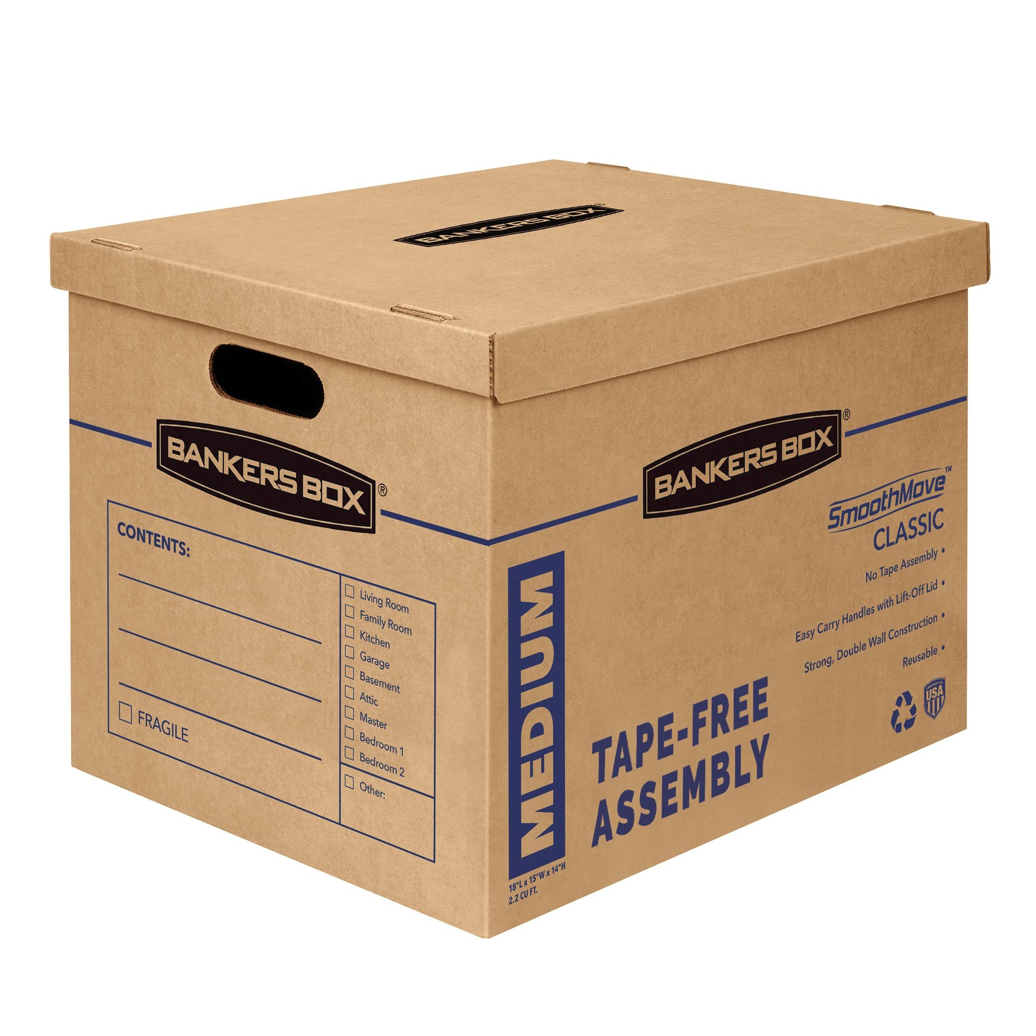 Bankers Box Medium Classic Moving Box 8 Pack, Reinforced Handles, Tape-Free Assembly, Box with Lid, 19-in x 14.5-in x 15.5-in (7717201)