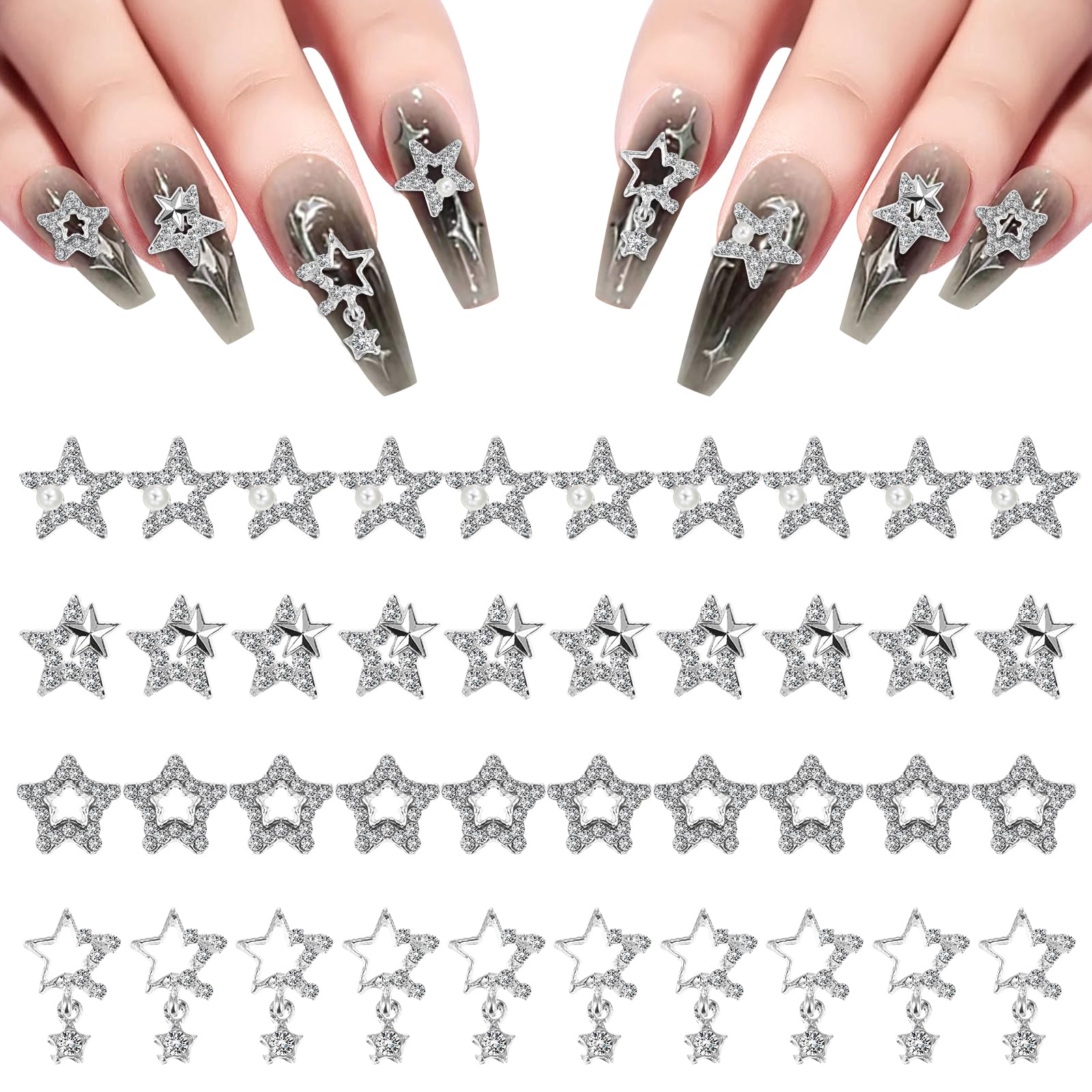 Abeillo 40Pcs Star Nail Charms Star Nail Gems Shiny Nail Art Charms 3D Nail Art Decorations for Women Girls Nail Decals