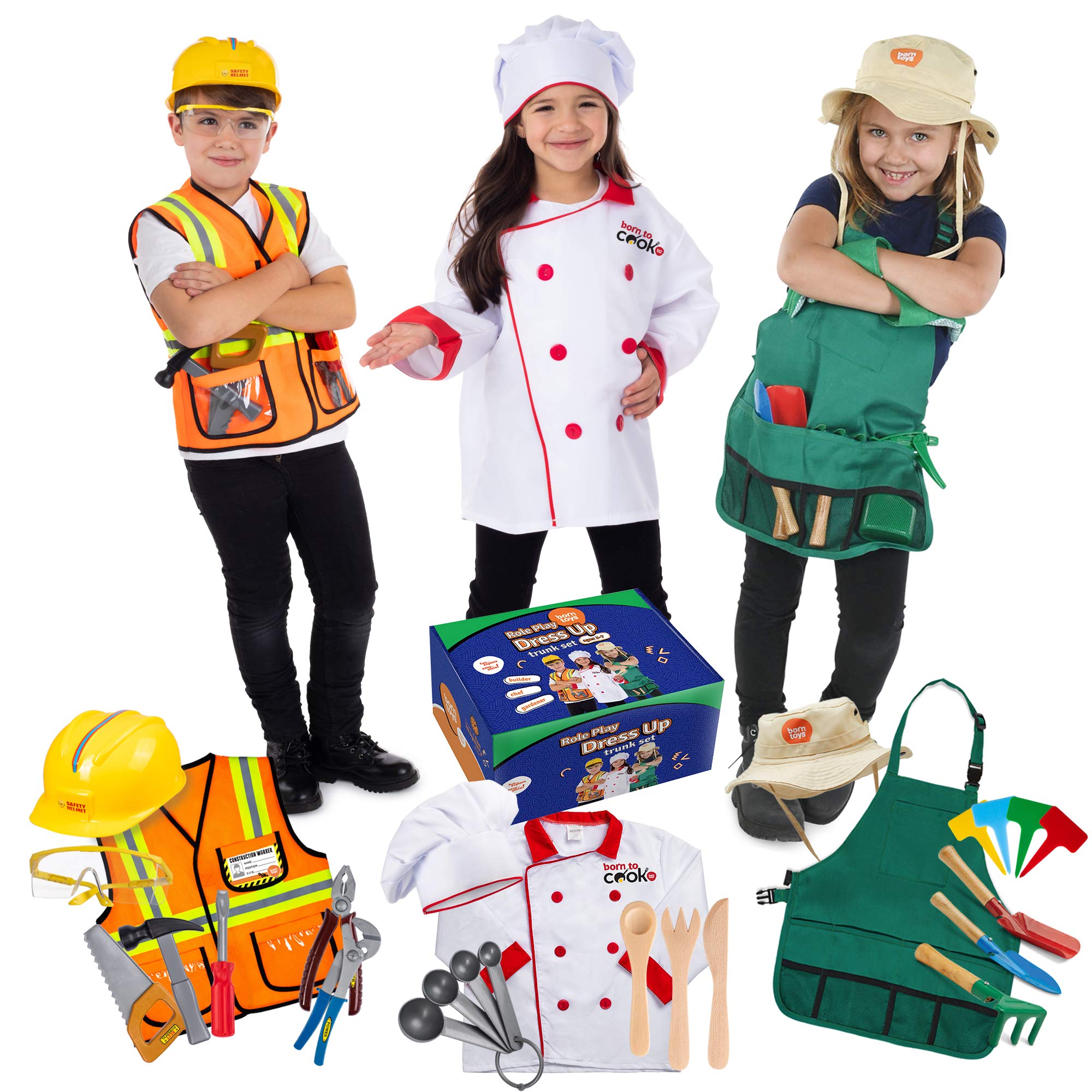 Born Toys Kids Dress Up Costumes for Toddlers - Washable Play Outfits for Boys & Girls, Ages 3-7 (Worker, Chef, Gardener)