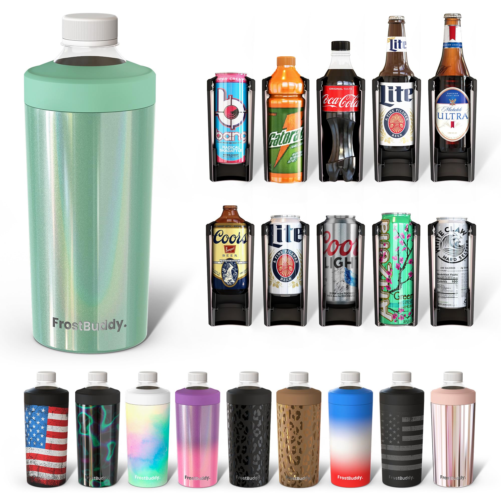 Frost BuddyUniversal XL Can Cooler - Fits 12-ounce, 16-ounce, 20-ounce, and 24-ounce Cans and Bottles - Keep Your Drinks Refreshingly Chilled for over 12 hours (Seafoam Glitter)