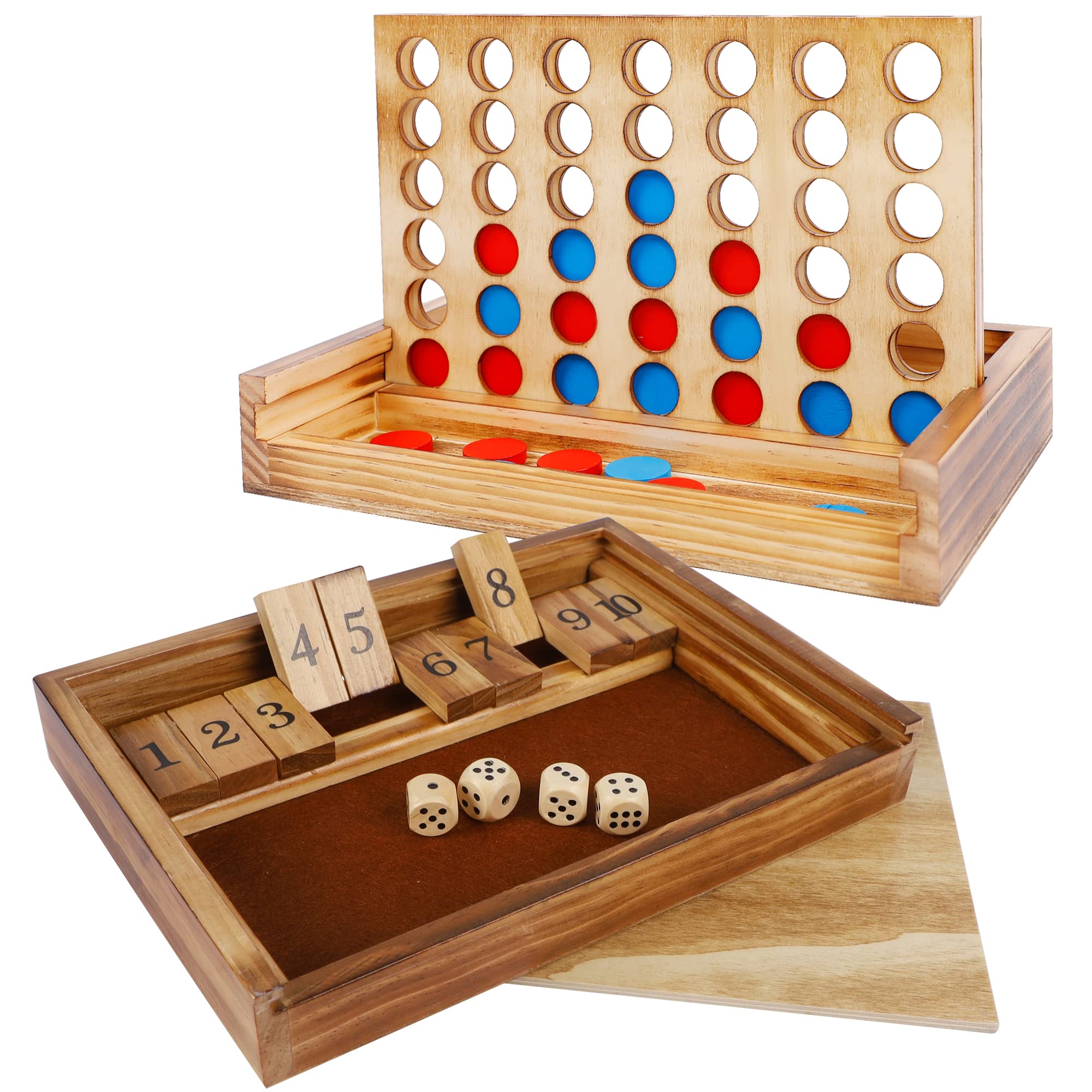 GlintoperShut The Box & 4 in a Row Tables Game Set, Classic Wood Dice Game with Numbers & Line Up 4 Game for Kids Family, Living Room Rustic Coffee Table Decor, Travel Game Strategy Board Games