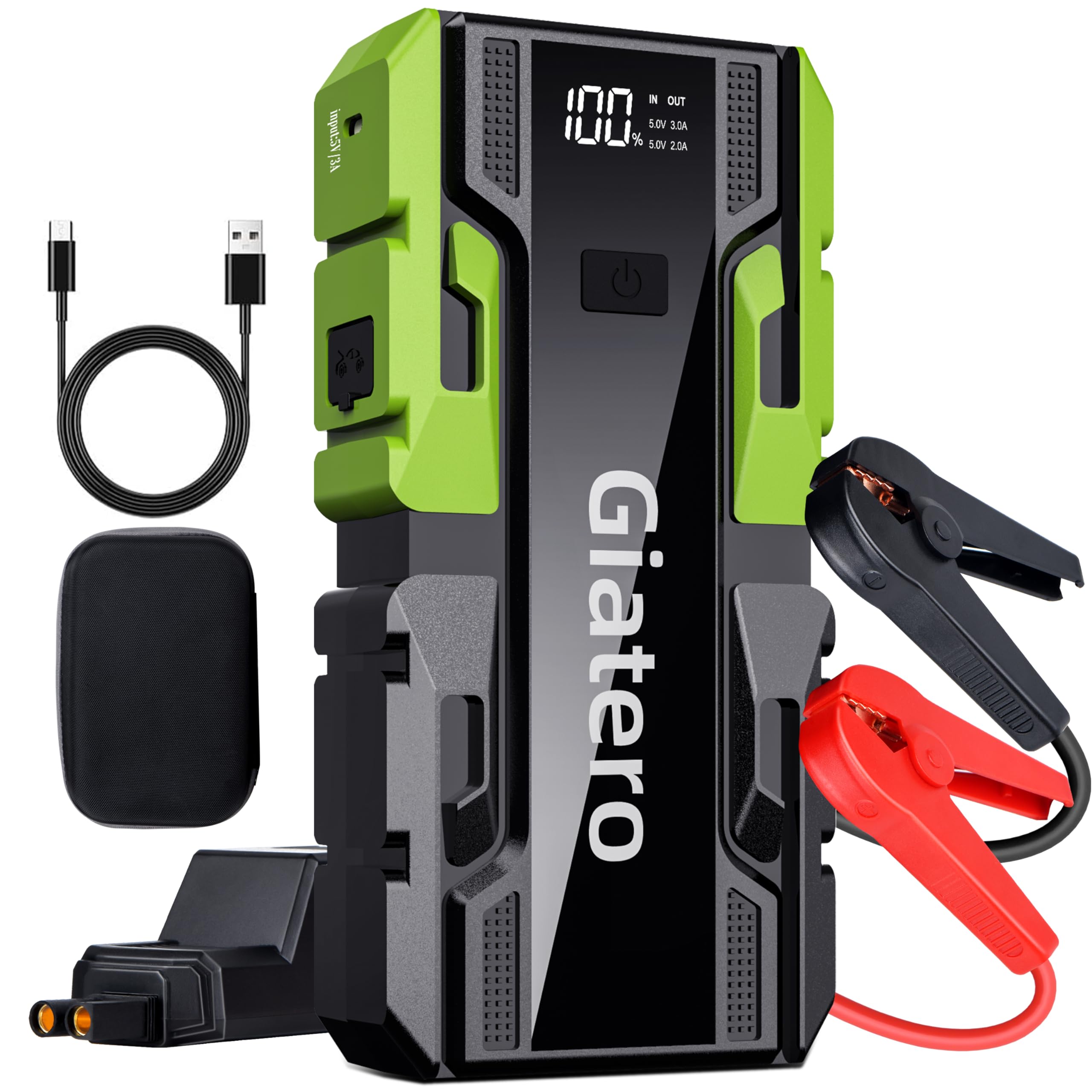 Giatero 001B 6000A Battery Jumper Starter Portable Car - 12V Compact Portable Jump Box for Vehicles - Power Bank with Flashlight and USB Quick Charge (12L Gas/12L Diesel)