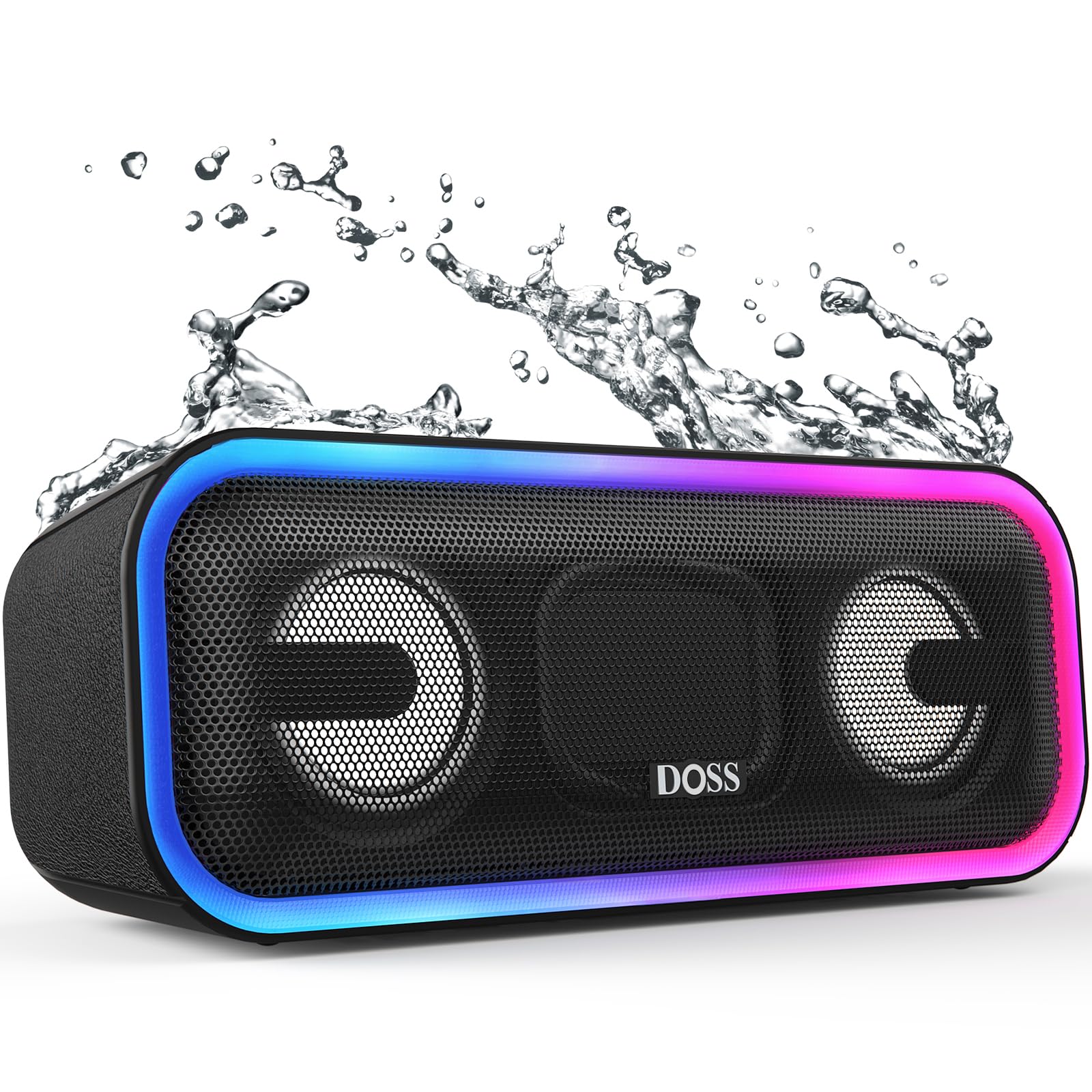 DOSS Bluetooth Speaker, SoundBox Pro+ Wireless Pairing Speaker with 24W Stereo Sound, Punchy Bass, IPX6 Waterproof, 15Hrs Playtime, Multi-Colors Lights, for Home,Outdoor-Black