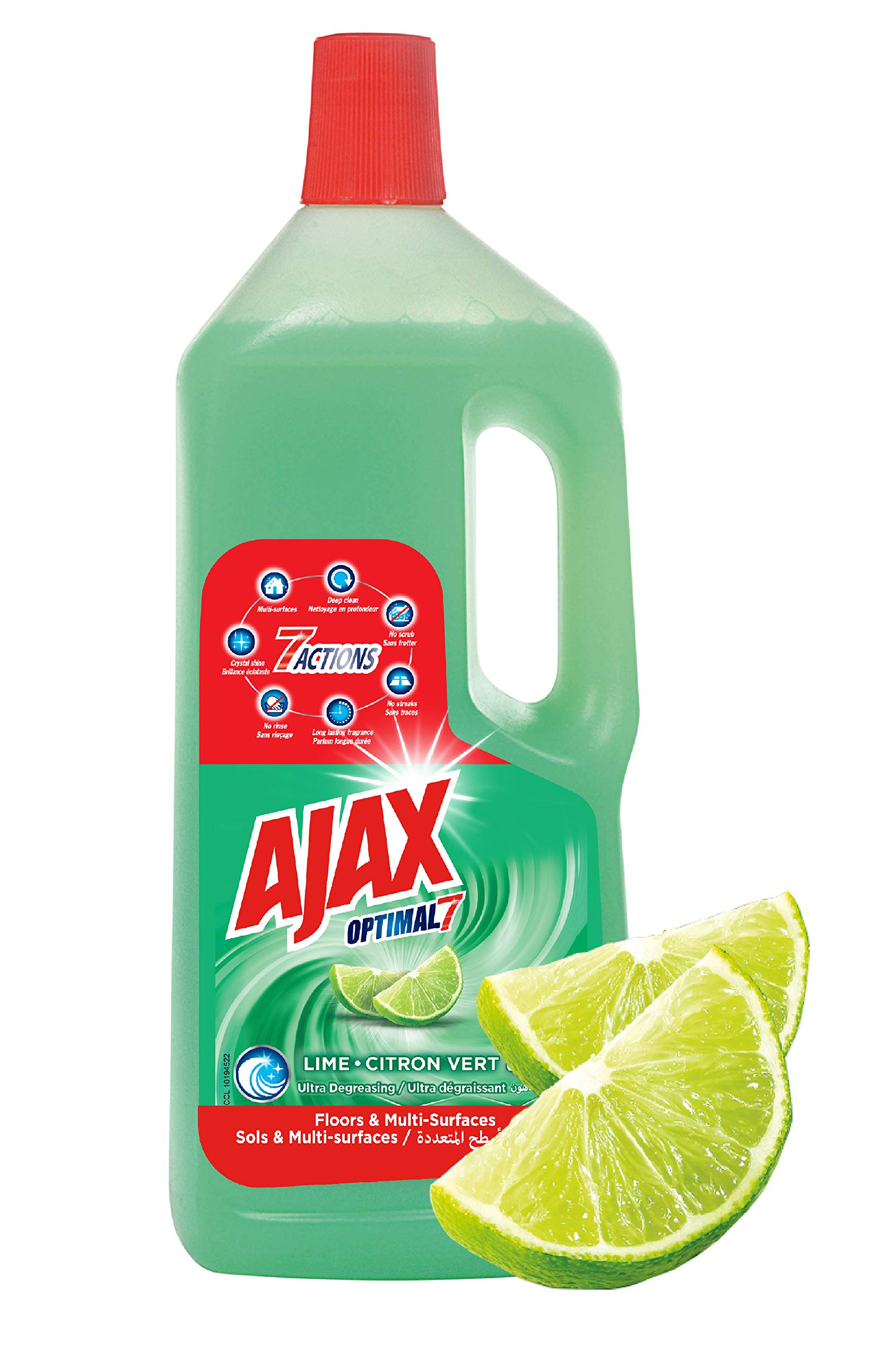 Ajax Multi-Purpose Cleaner, 7 In 1 Actions, All Surface Disinfectant, Ultra Degreasing, Floor Cleaner, Lemon, 2 L