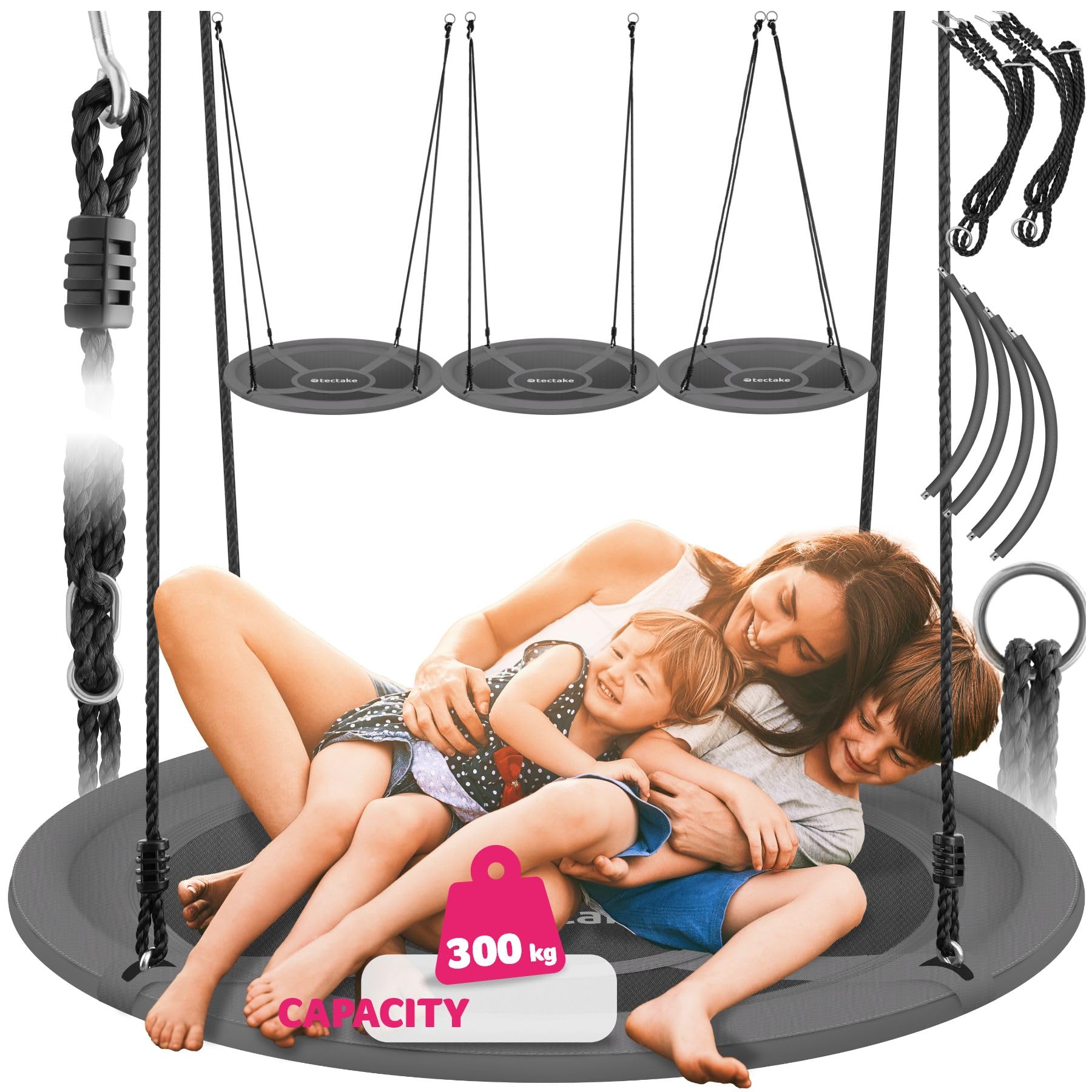 tectake® Large Nest Swing with Water-Repellent Textilene Cover, Height-Adjustable Ropes, 300kg Capacity, Padded Edge & Easy Maintenance - Round Garden Swing for Indoor & Outdoor Use - 120x120x180cm