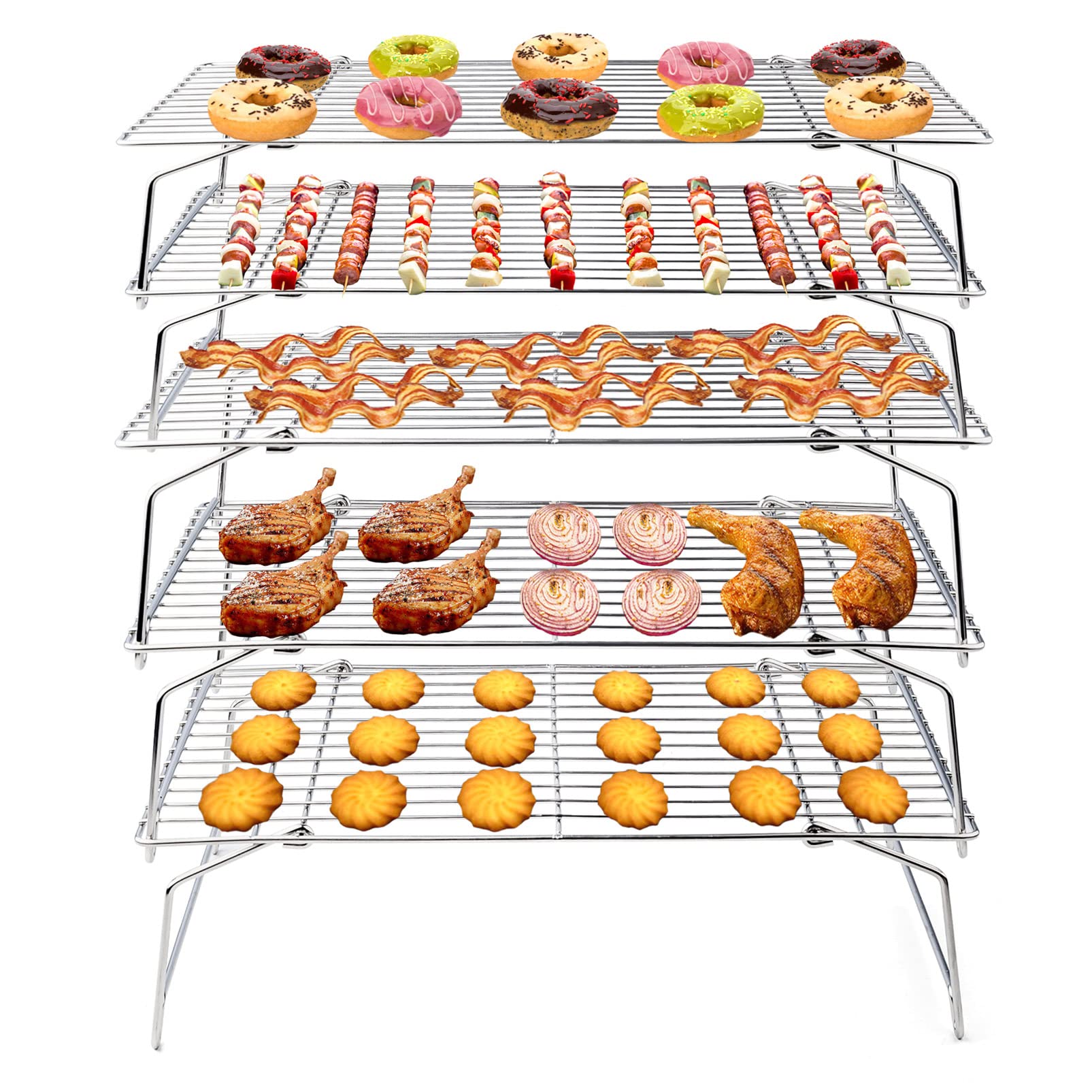 TeamFar Cooling Rack, 5-Tiers Stainless Steel Baking Cooling Wire Rack for Baking Roasting Cooking, Healthy & Firmly Weld, Stackable & Collapsible, Dishwasher Safe, 15”x10”