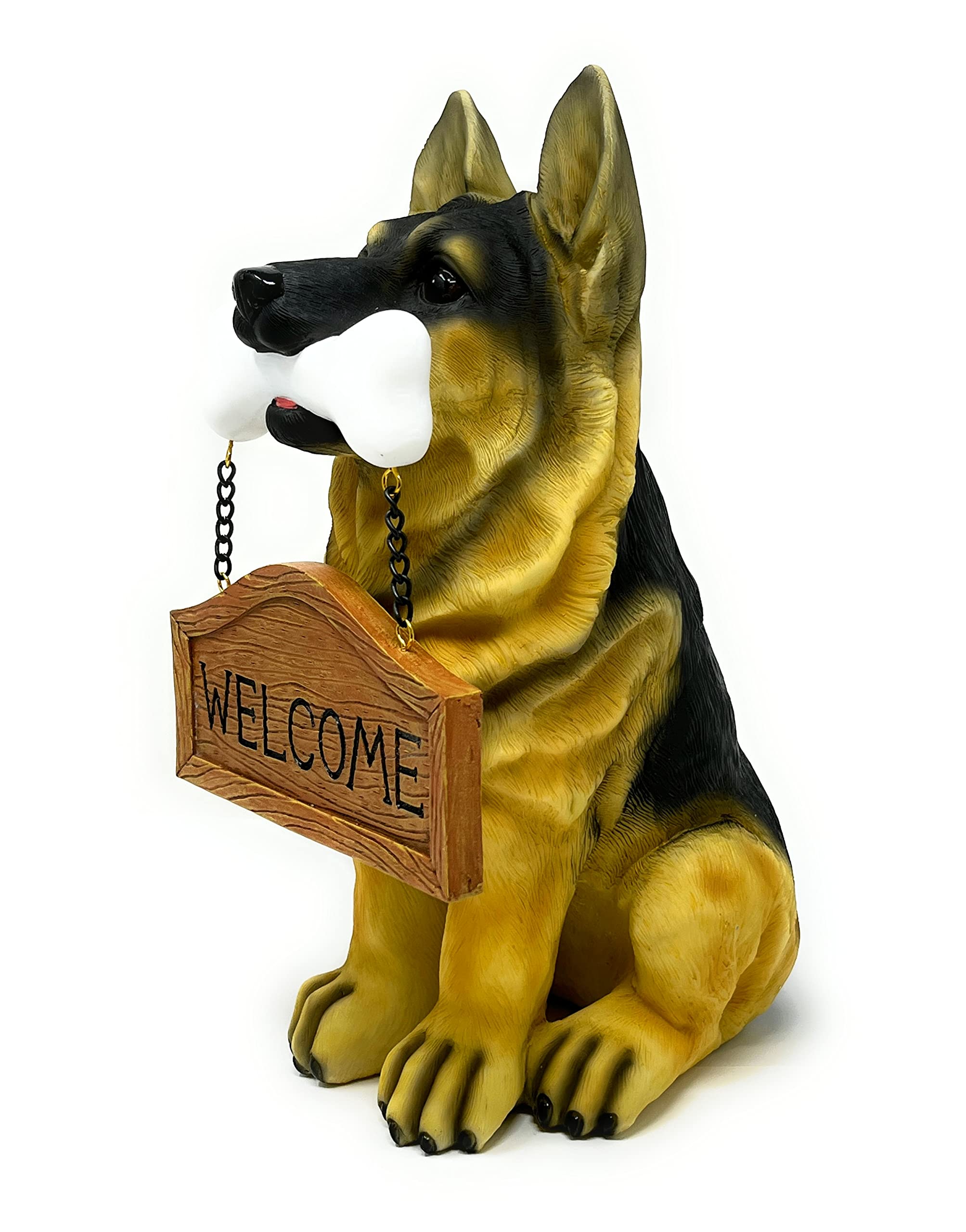 Nature's Mark German Sheperd Dog Puppy Statue with Reversible Welcome Sign and Go Away Sign Resin Garden Decor 12" H