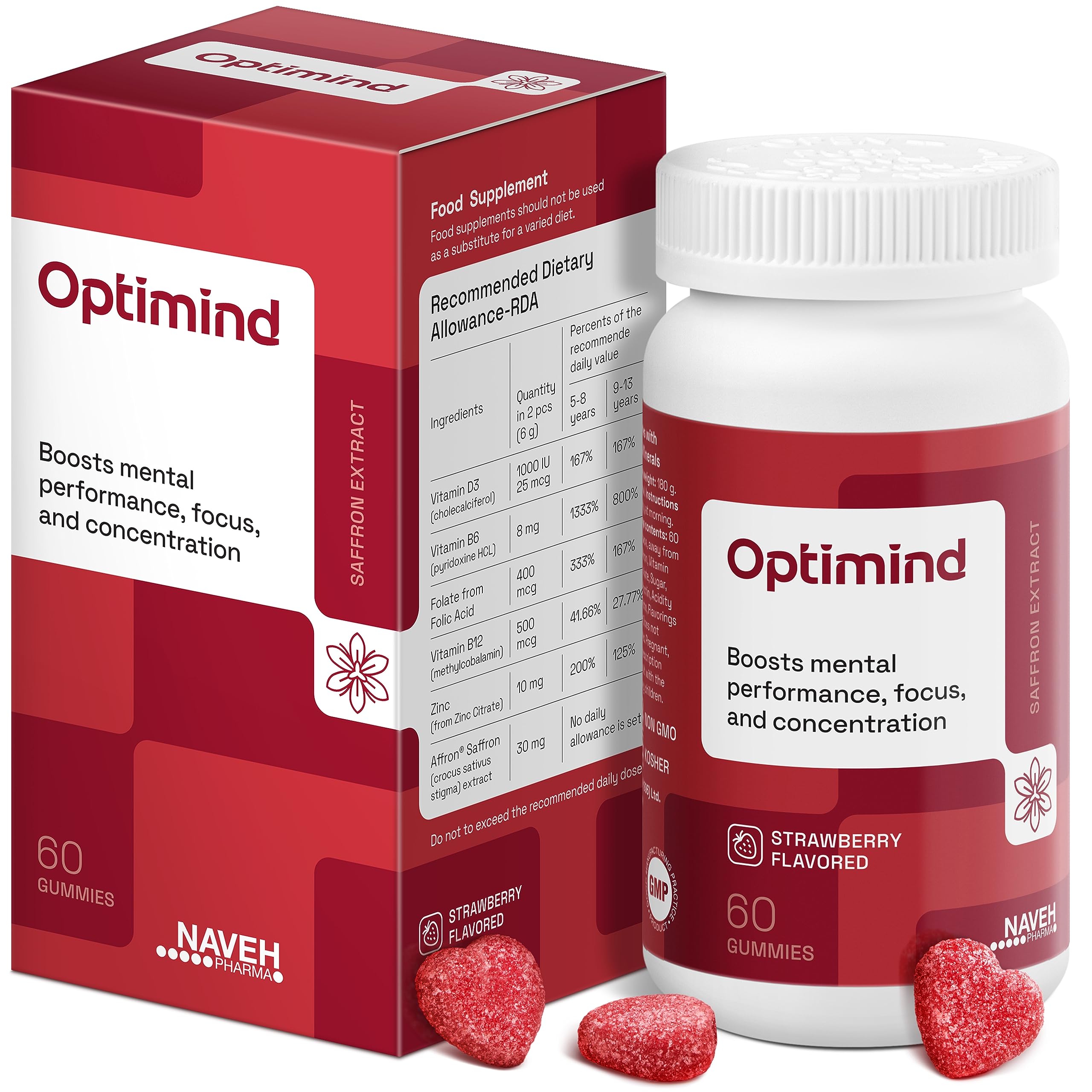 NAVEH PHARMA OptiMind - Focus Supplement | Natural ADHD Supplements for Kids | 30 MG Saffron Supplements: Kids Vitamins and Memory Supplement for Brains | Mood Support | 60 Calm Gummies (Strawberry)