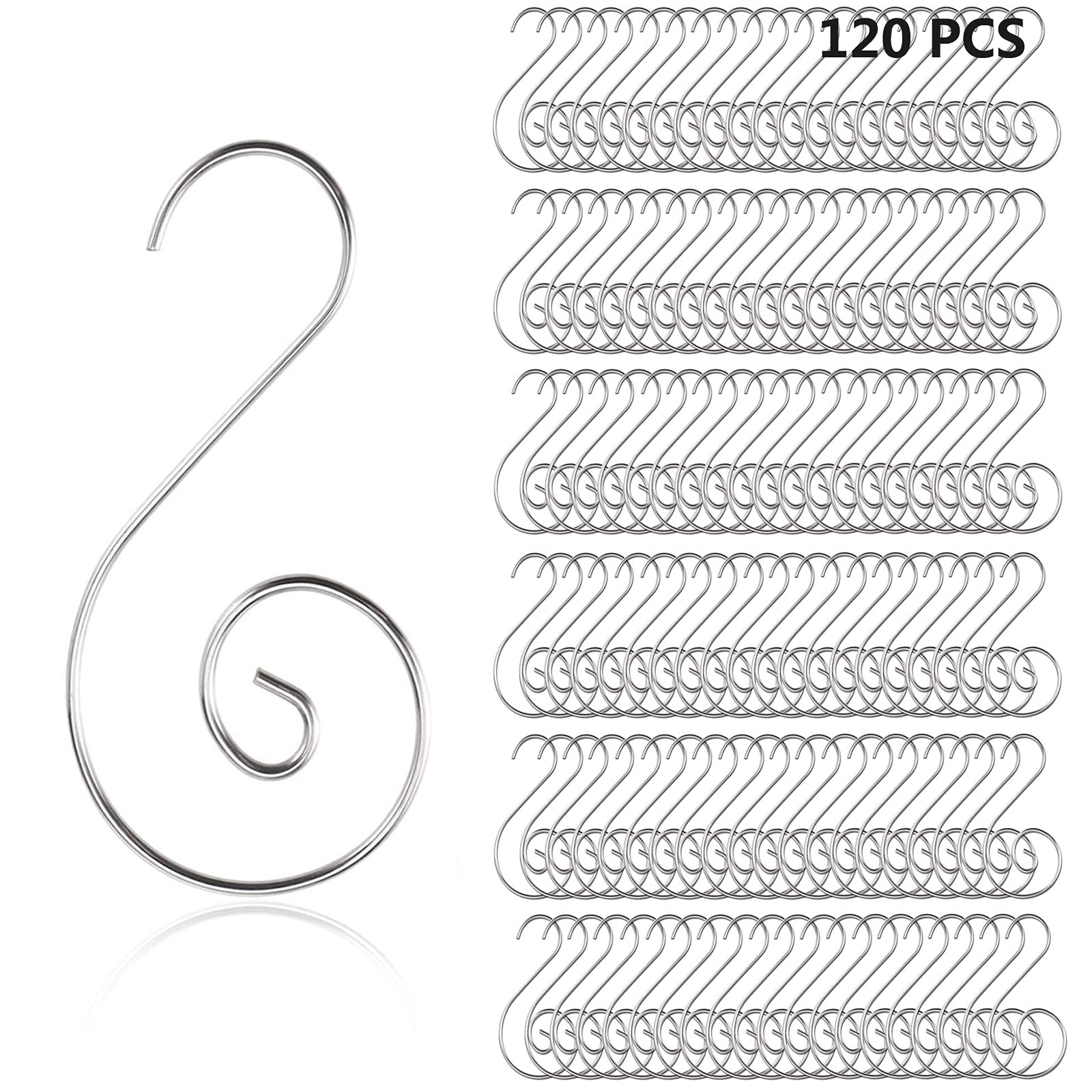 MEETCUTE120 PCS Christmas Ornament Hooks - 2" Long Christmas Tree Decorating Metal Wire S-Shape Spiral Christmas Holiday Ornament Hanger Hooks for Hanging Decorations (120pcs Silver)