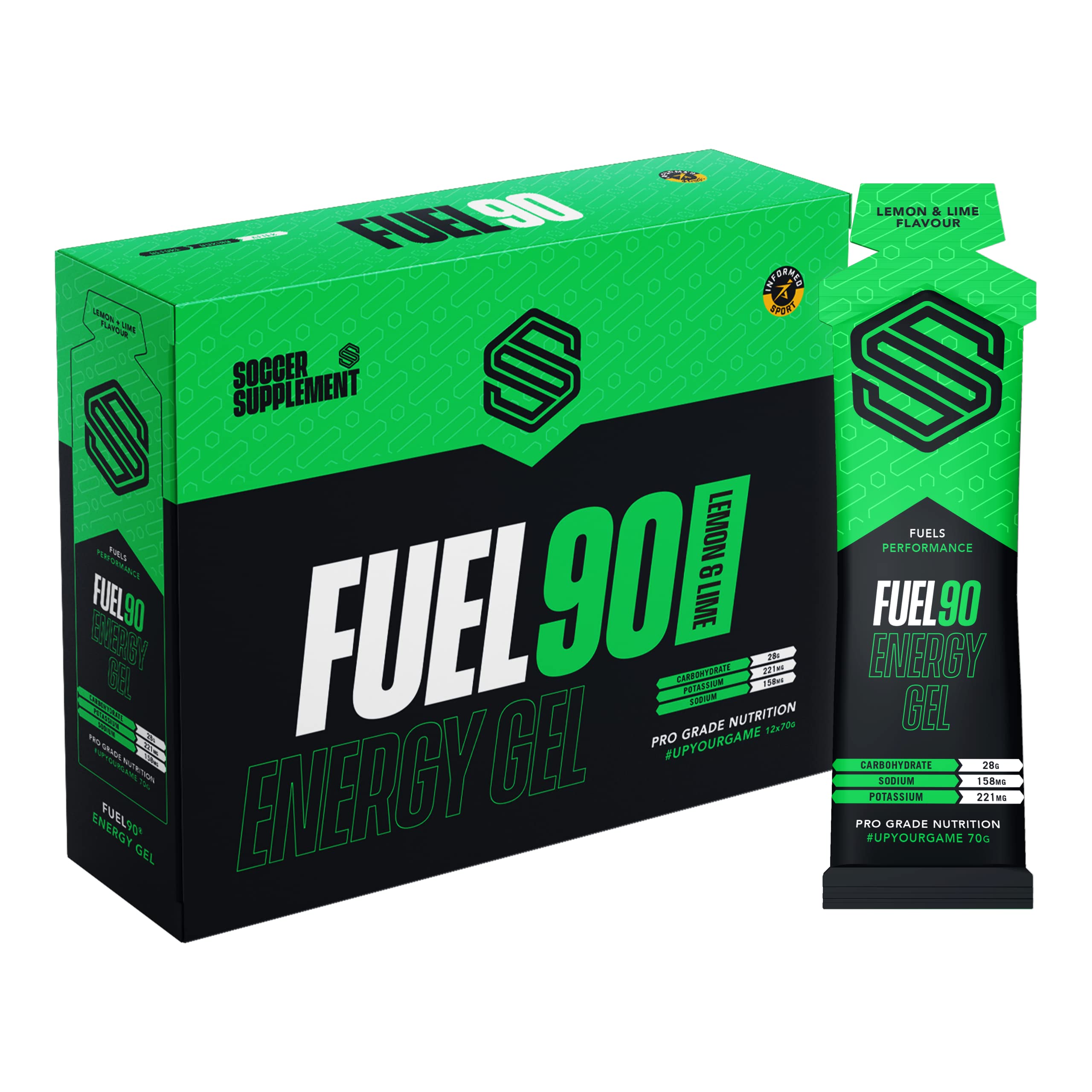 Soccer Supplement Fuel90 - Quick Release Energy Gel with a Dual Carbohydrate Source for Quick Absorption, Great Tasting Lemon and Lime Flavour - Informed Sport Tested