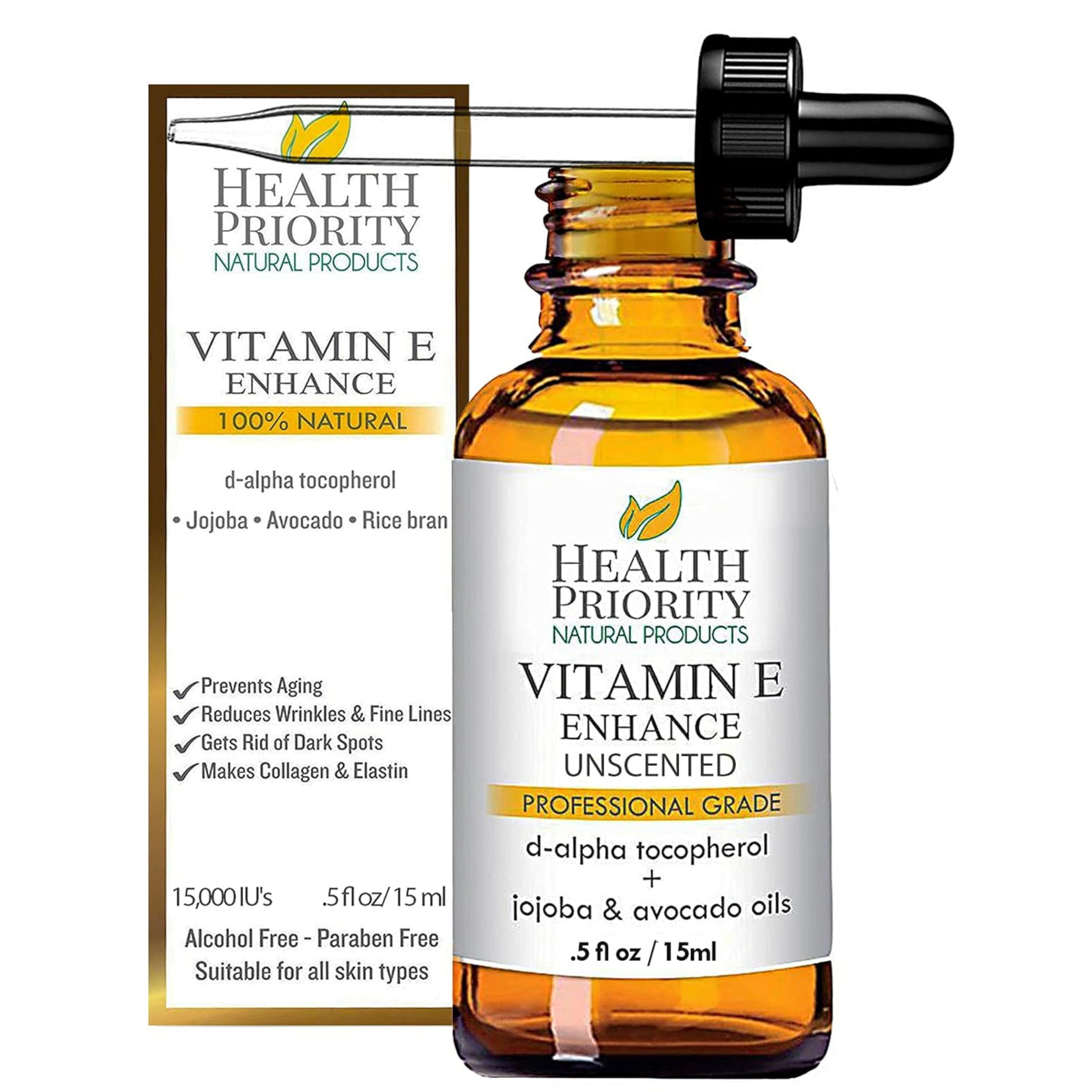 Organic Vitamin E Oil for Skin & Scars |100% Pure Natural Serum Hand Made in South Carolina | 15000 IU Vitamin E for Face & Hair| Non-GMO, Gluten & Cruelty Free, Vegan | Unscented 0.5 Fl Oz