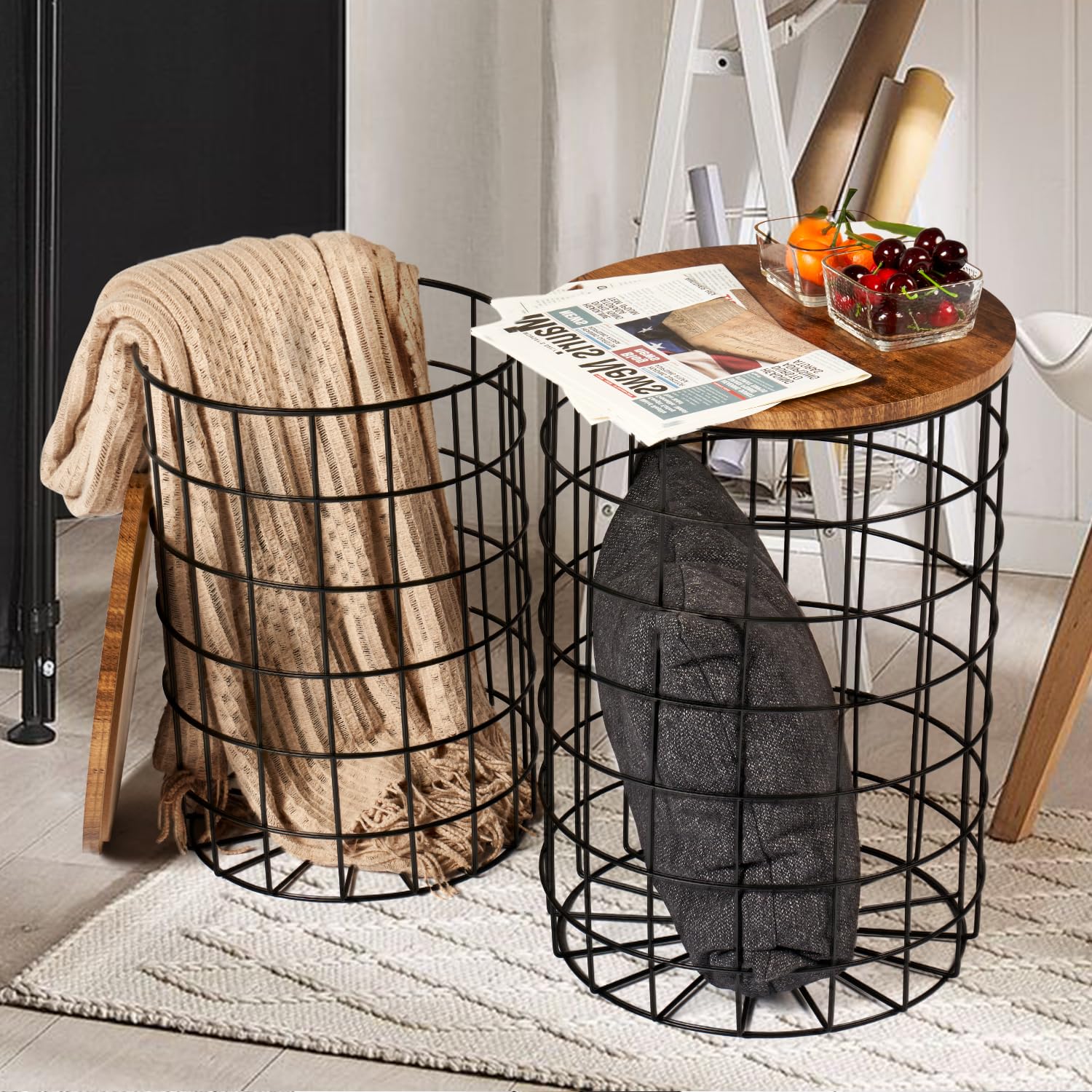 oneinmil Nesting End Table with Storage, Side Tables Wire Basket Table with Lid, Round End Table with Removeable Top and Steel Frame for Living Room, Bedroom, Office, Rustic