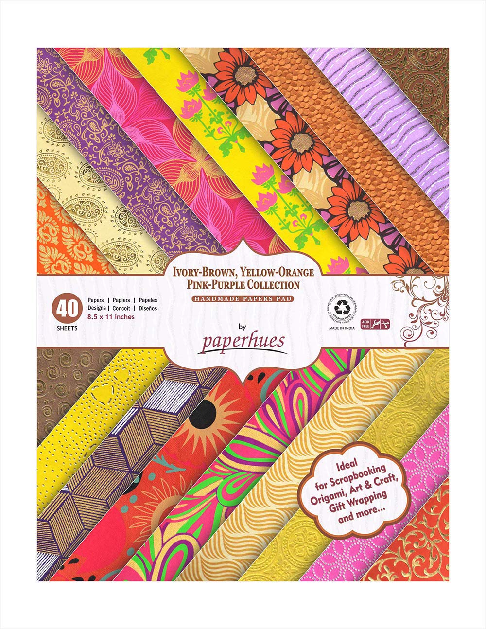 Paperhues Pink-Yellow-Brown Decorative Handmade Scrapbook Papers Collection 8.5x11" Pad, 40 Sheets.