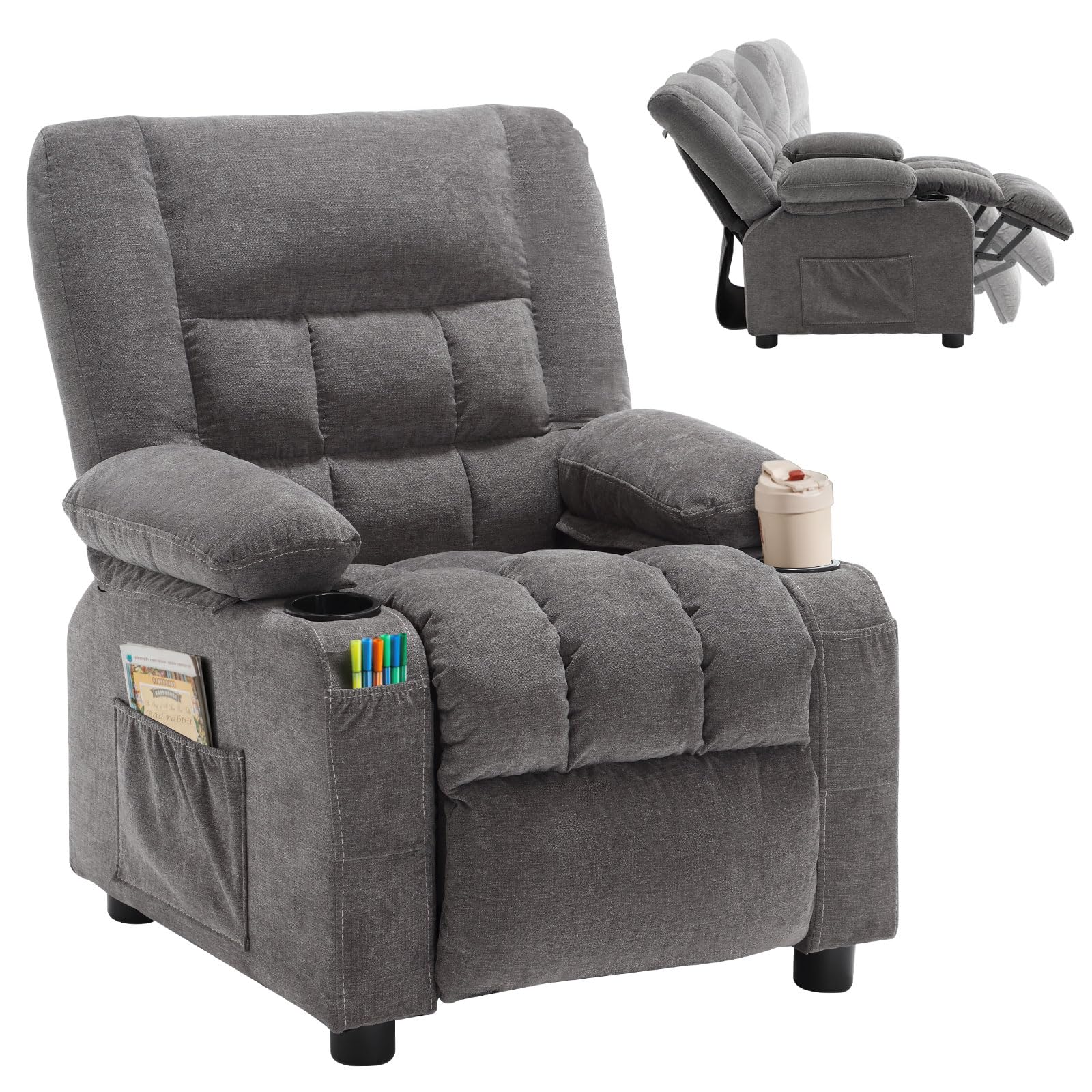 Kids Recliner Chair， Push Back Toddler Recliner with Cup Holders & Side Pockets， Adjustable Footrest & Headrest Kids Sofa for Boys Girls 3+ Age Group (Deep Grey)