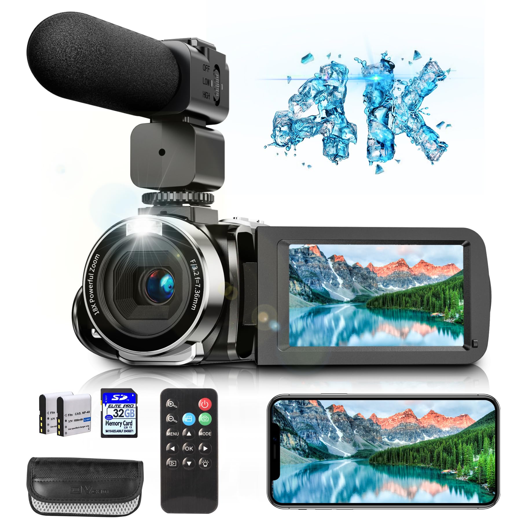 4K Video Camera, Camcorder with IR Night Vision, Digital Camera, 18X Digital Zoom, APP Connection, Vlogging Camera for YouTube, Video Camera, Built in Microphone, Remote, 3" Touch Screen